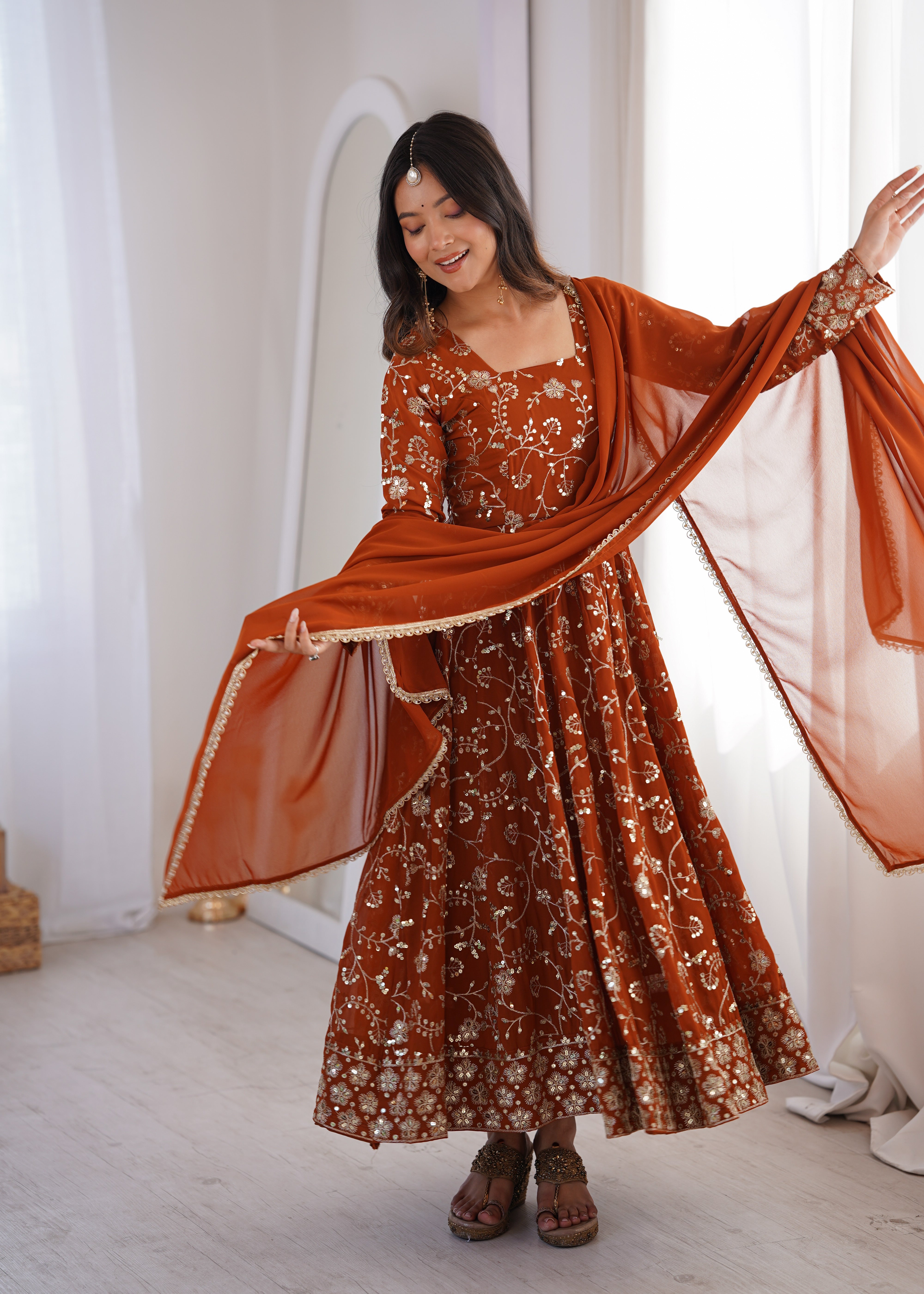 Rust Orange Anarkali Kurta Set With Intricate Sequined Floral Embroidery