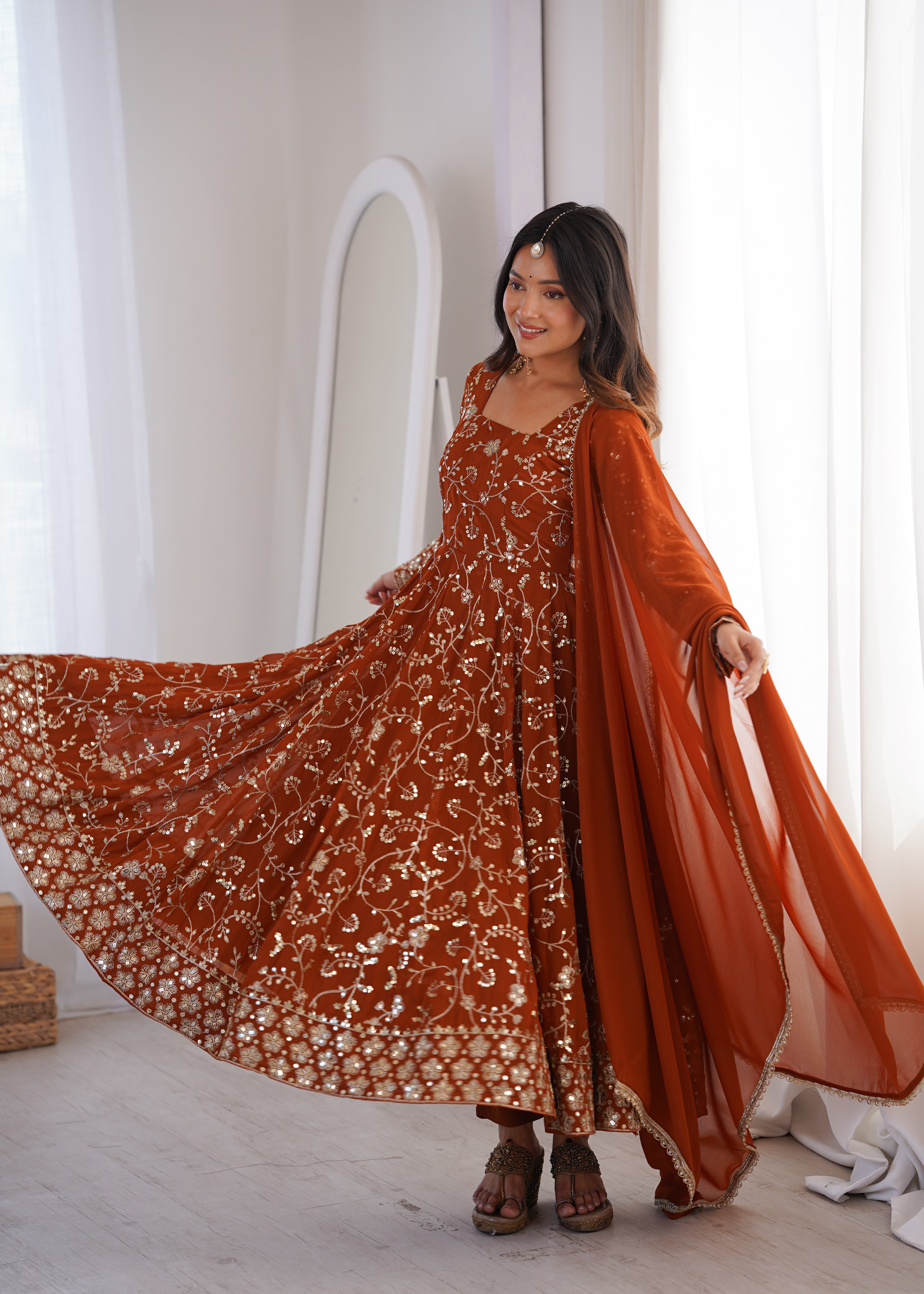 Rust Orange Anarkali Kurta Set With Intricate Sequined Floral Embroidery