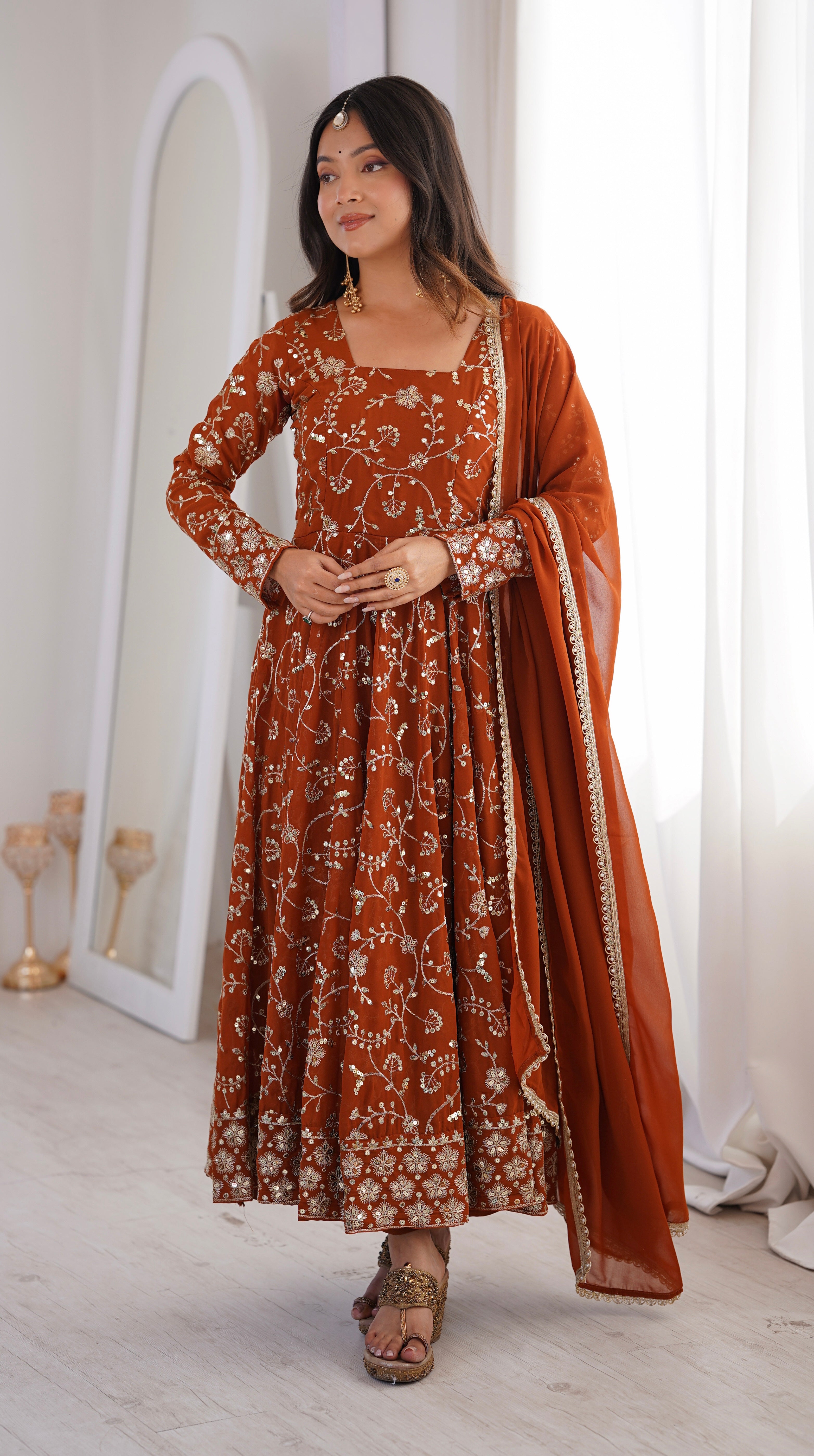 Rust Orange Anarkali Kurta Set With Intricate Sequined Floral Embroidery