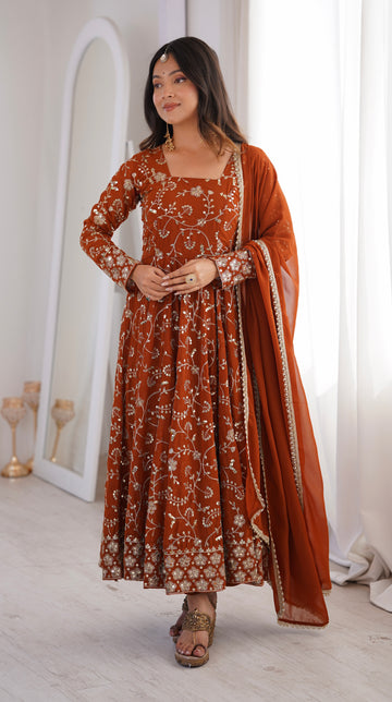 Rust Orange Anarkali Kurta Set With Intricate Sequined Floral Embroidery