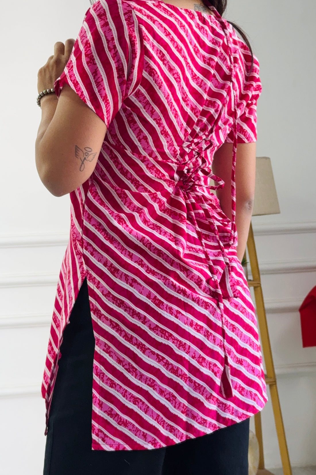 Festive Pink & White Stripe Multi-Wear Kurti - Adjustable Fit