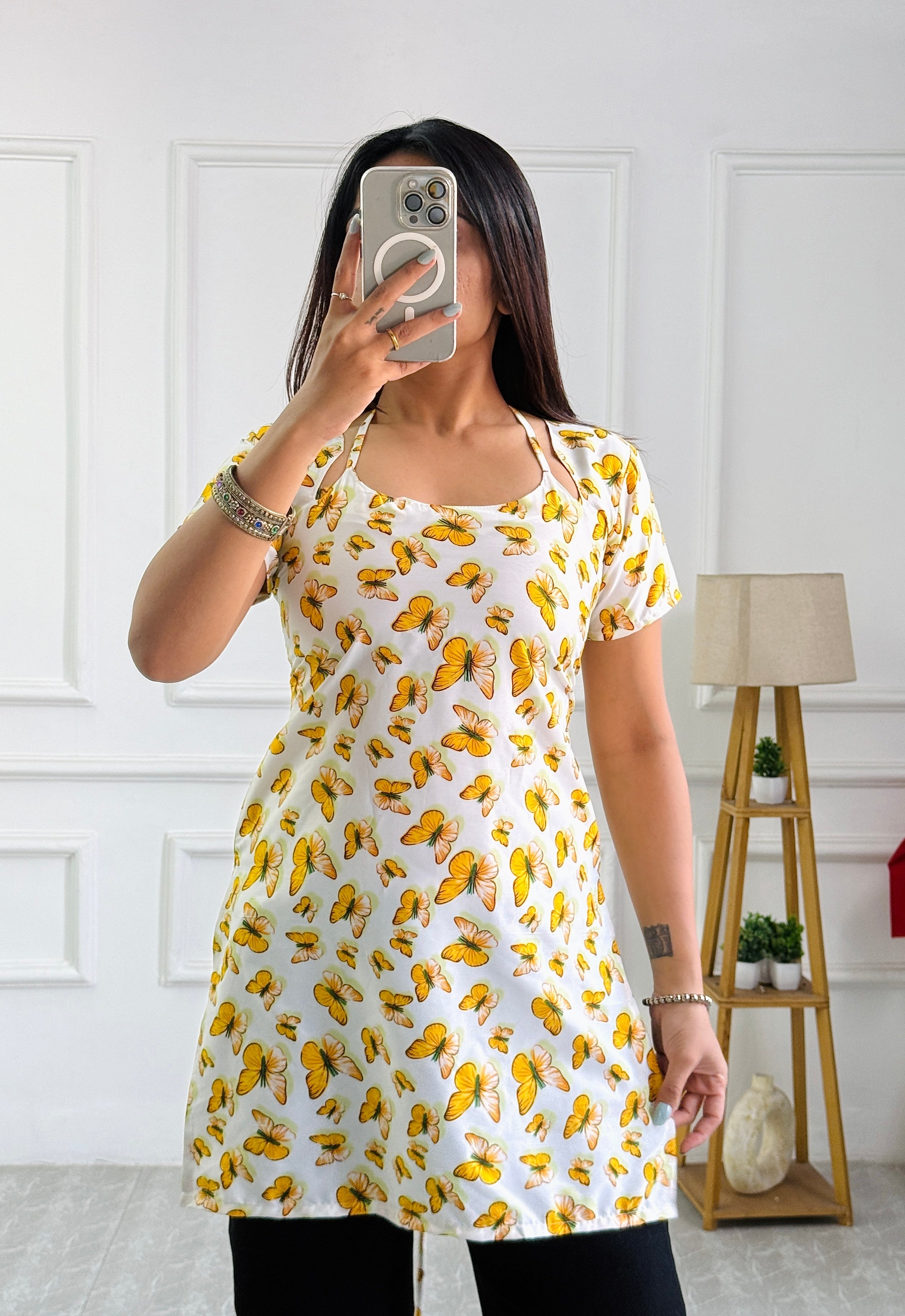 Butterfly Print Cambric Cotton Kurti with Corset Back