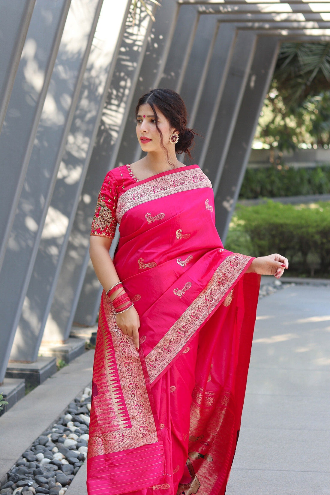 Pink Color Zari Golden Weaving Rich Saree