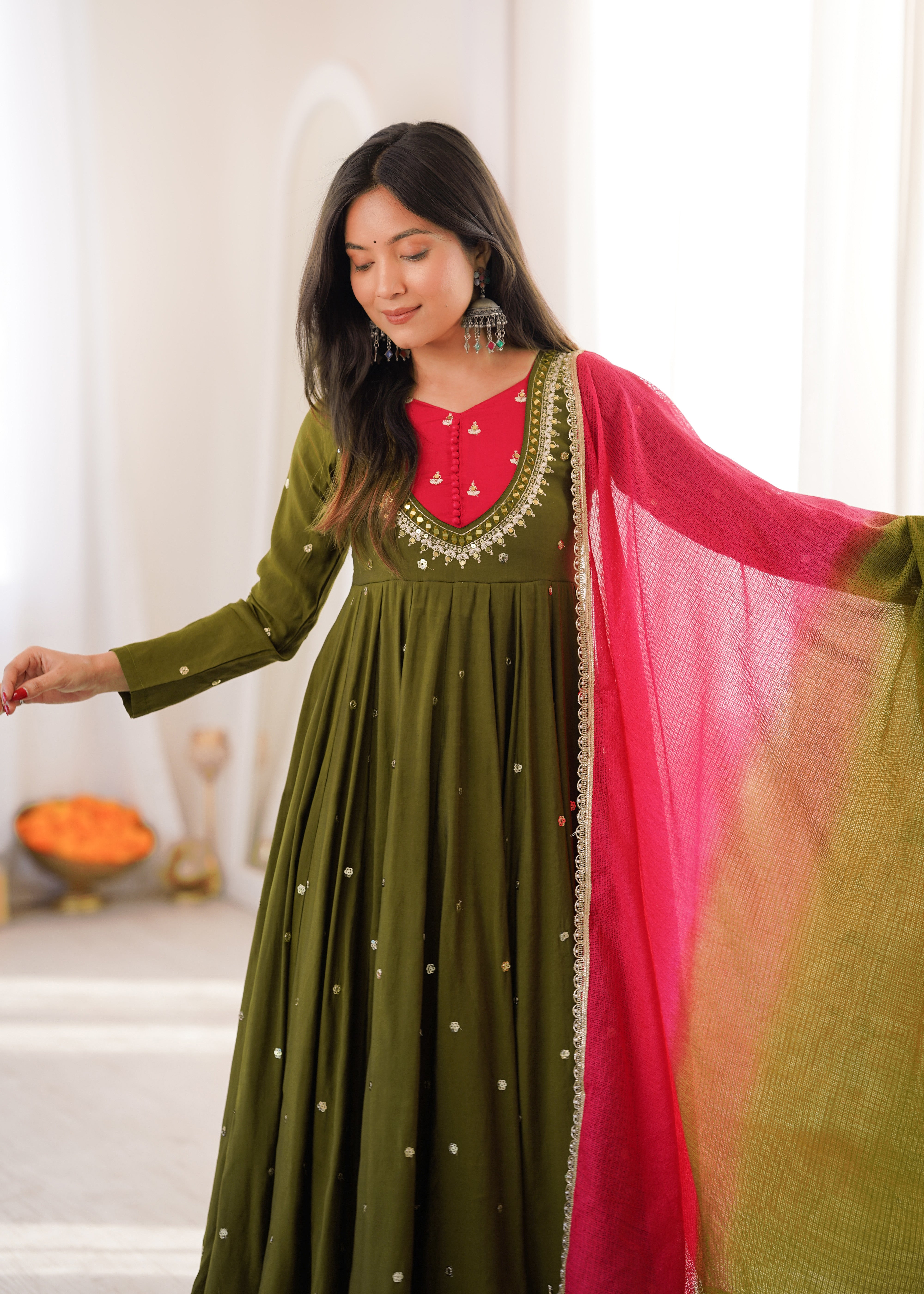 Olive Green Roman Silk mirror work Anarkali suit