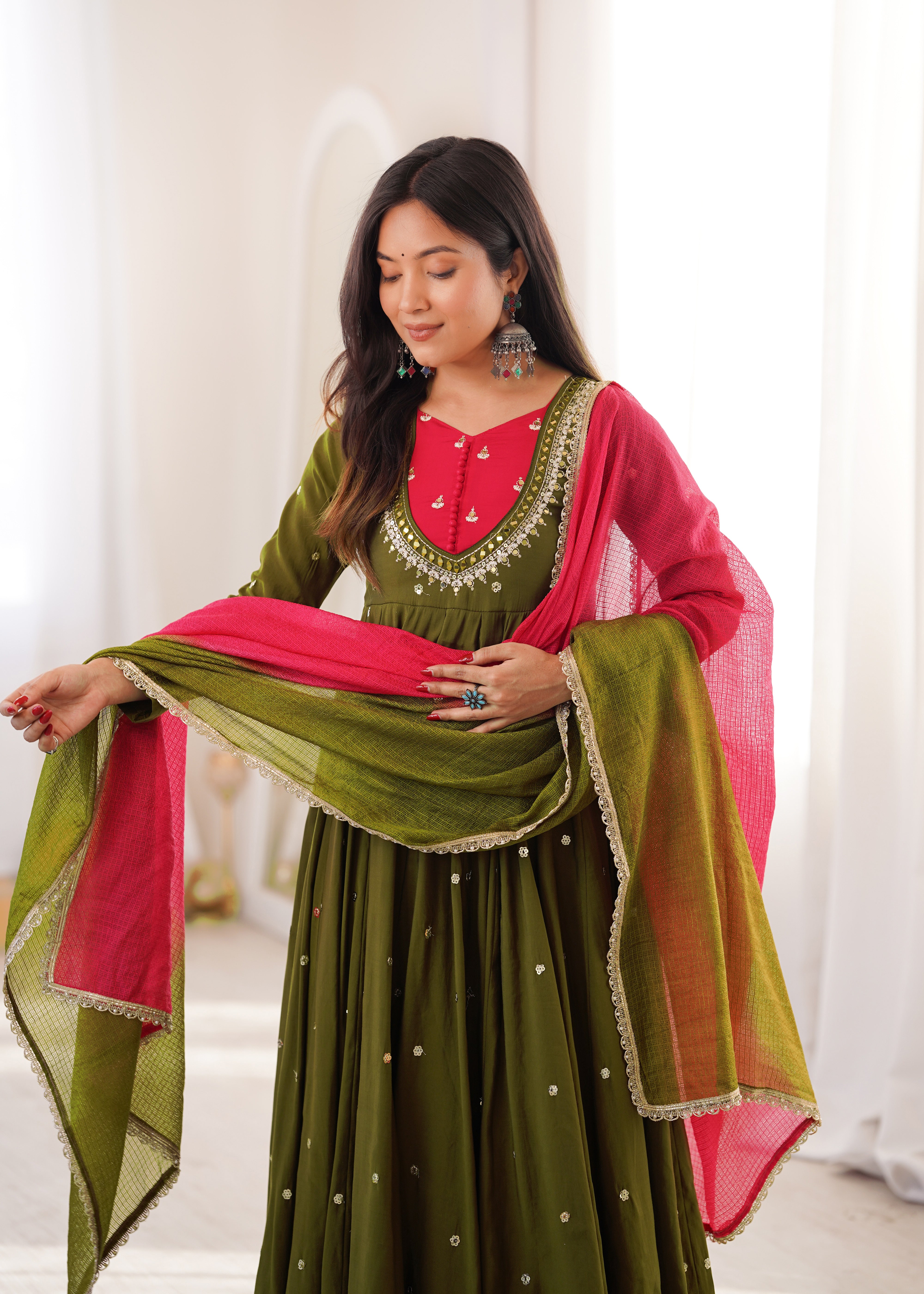 Olive Green Roman Silk mirror work Anarkali suit
