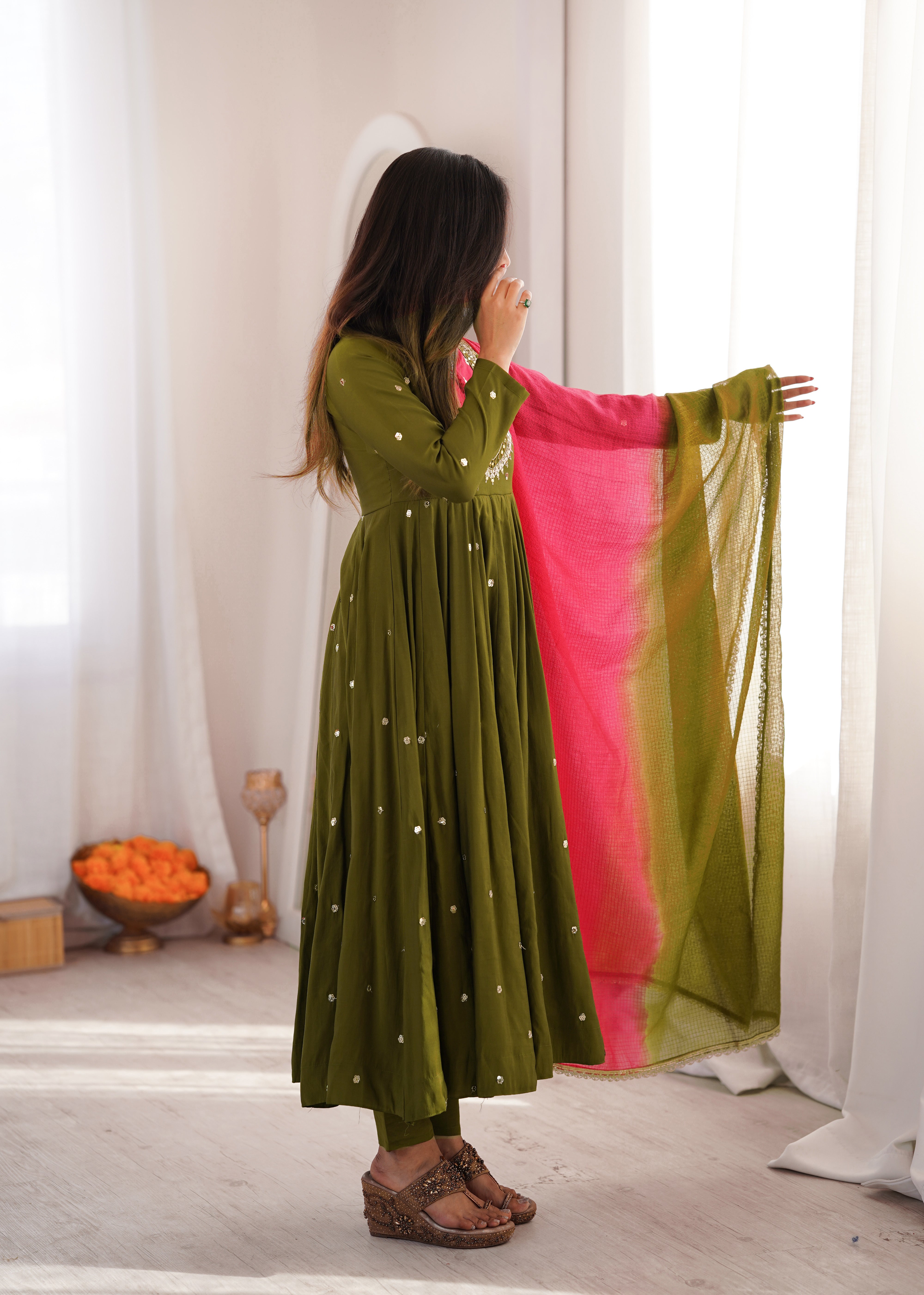 Olive Green Roman Silk mirror work Anarkali suit