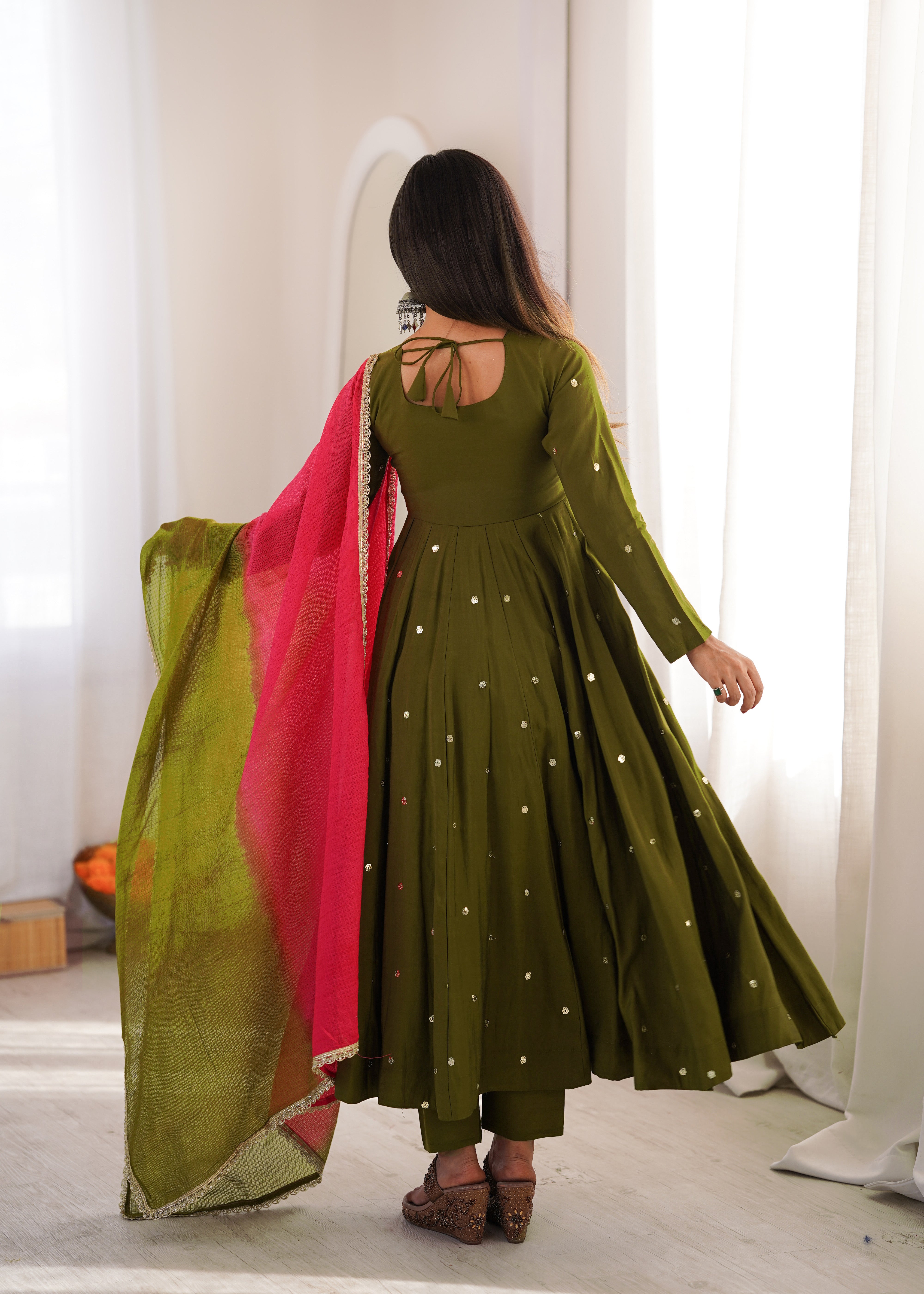 Olive Green Roman Silk mirror work Anarkali suit