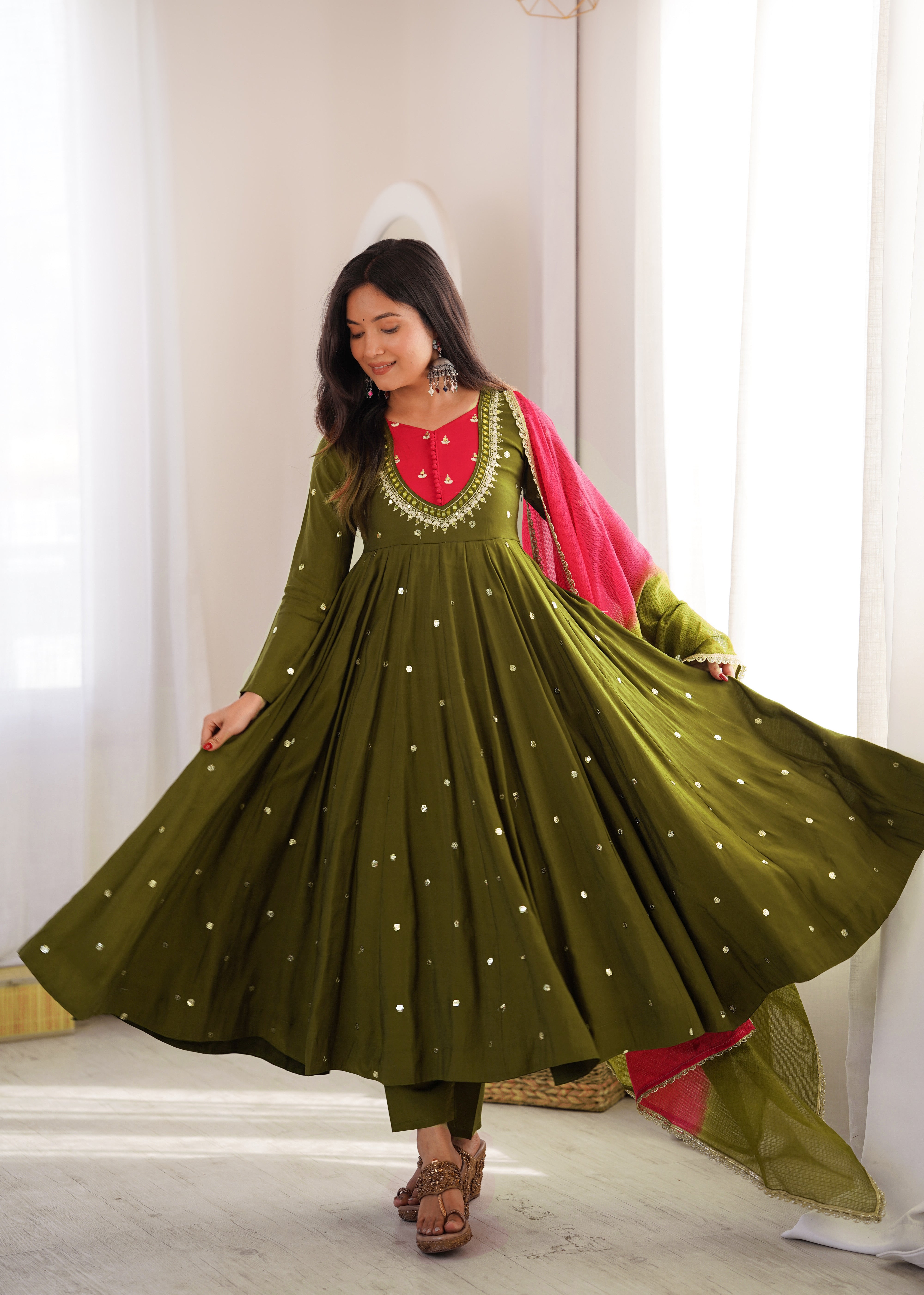 Olive Green Roman Silk mirror work Anarkali suit