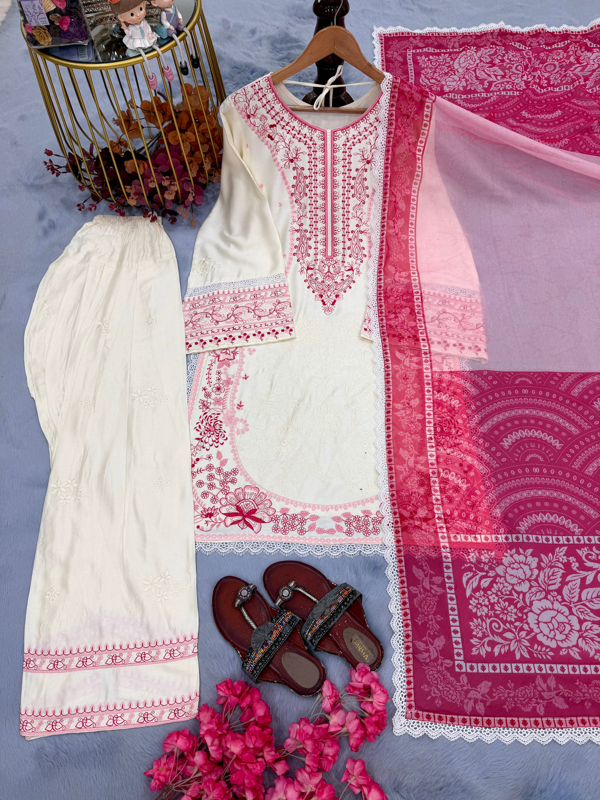 Cream & Rani Pink Satin Rayon Short Kurta with Farshi Salwar & Dupatta Set