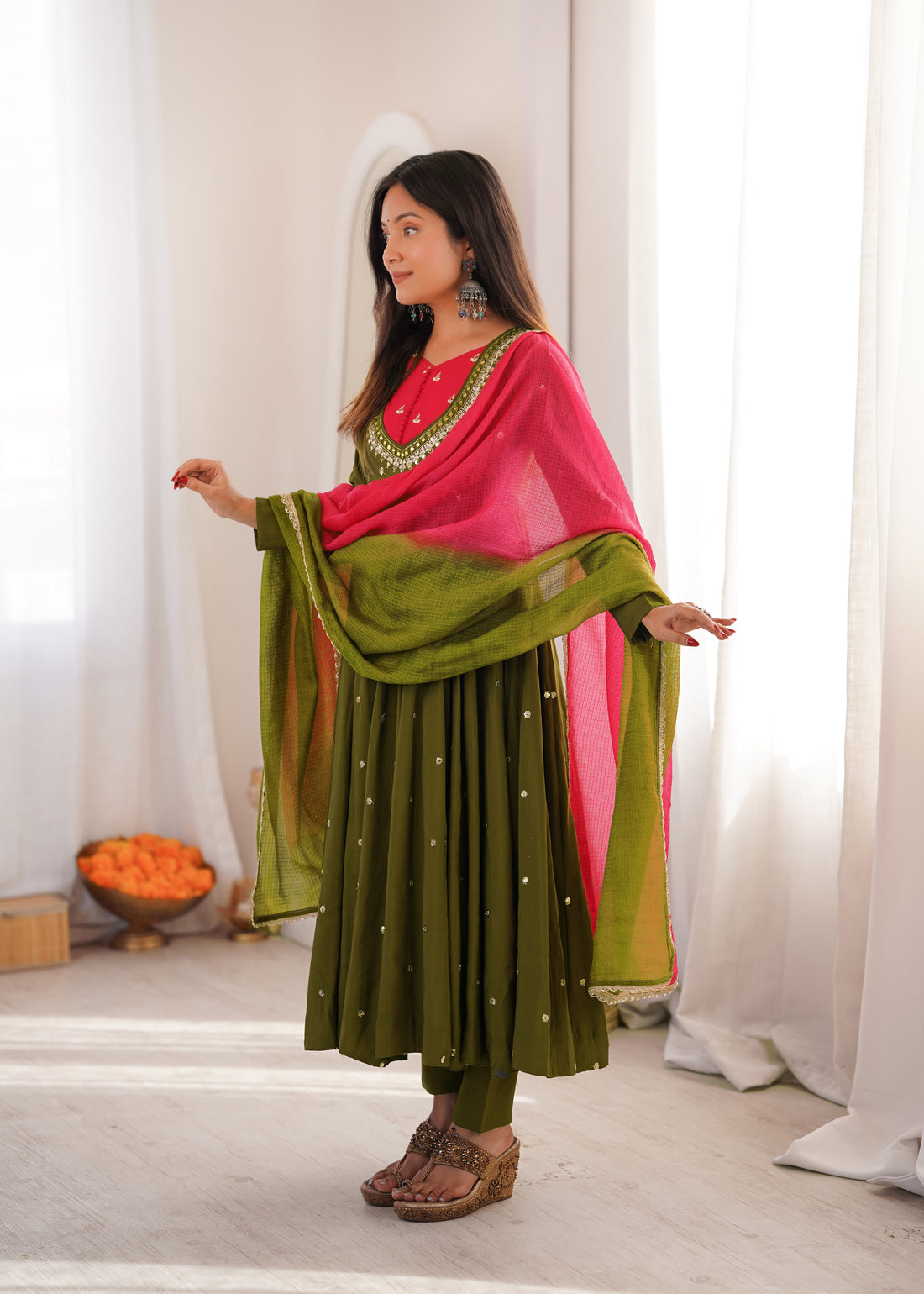 Olive Green Roman Silk mirror work Anarkali suit