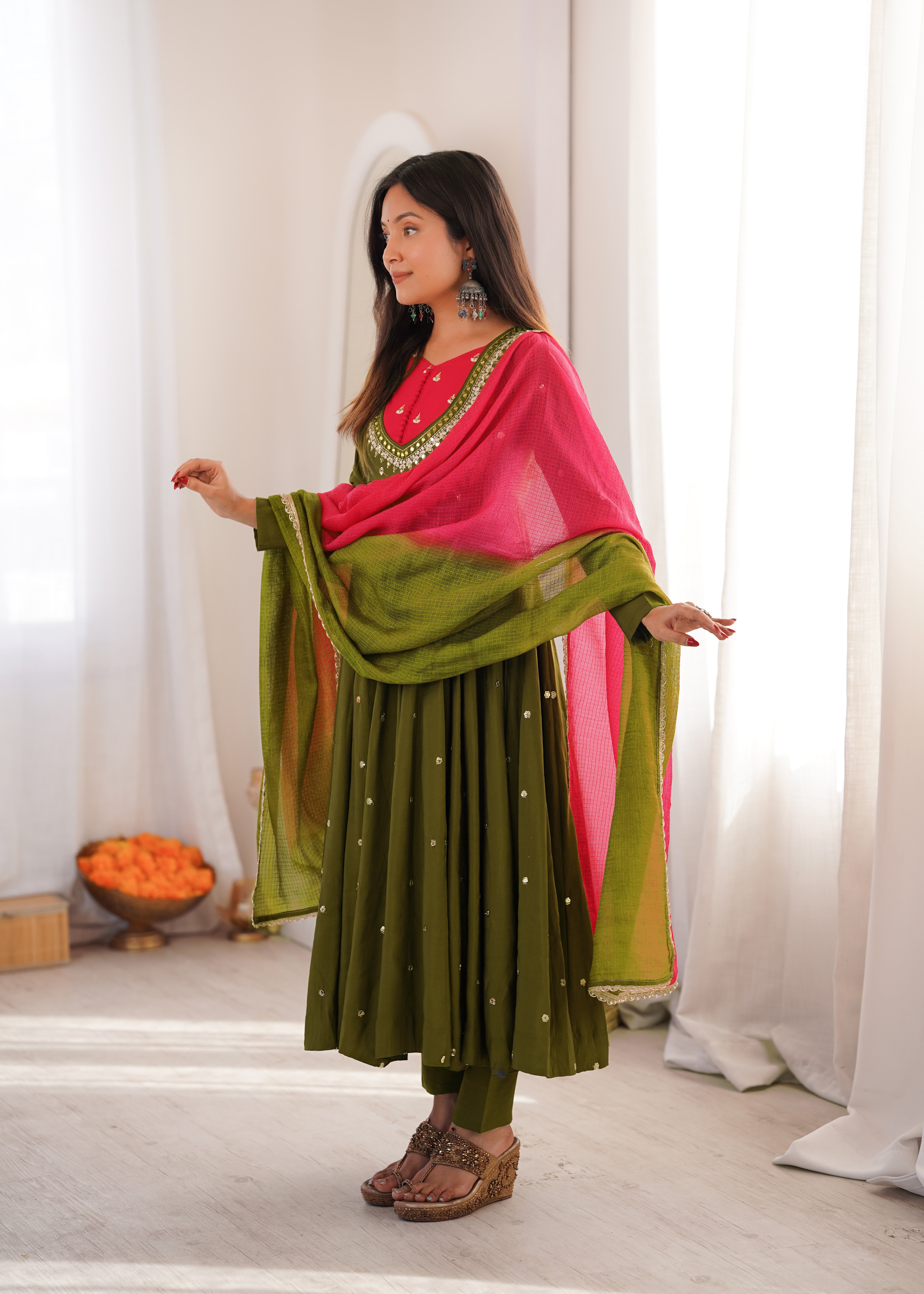 Olive Green Roman Silk mirror work Anarkali suit