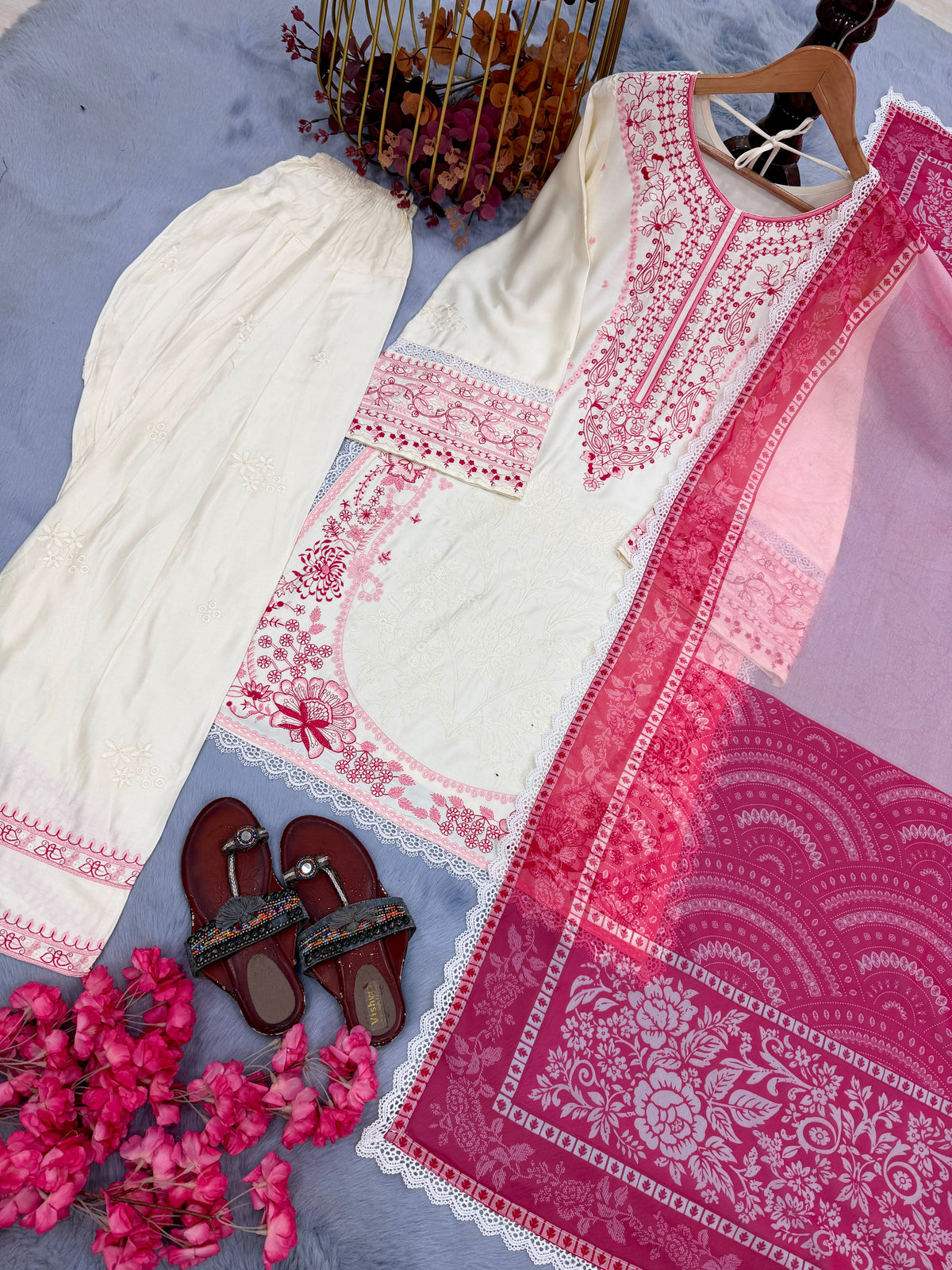 Cream & Rani Pink Satin Rayon Short Kurta with Farshi Salwar & Dupatta Set