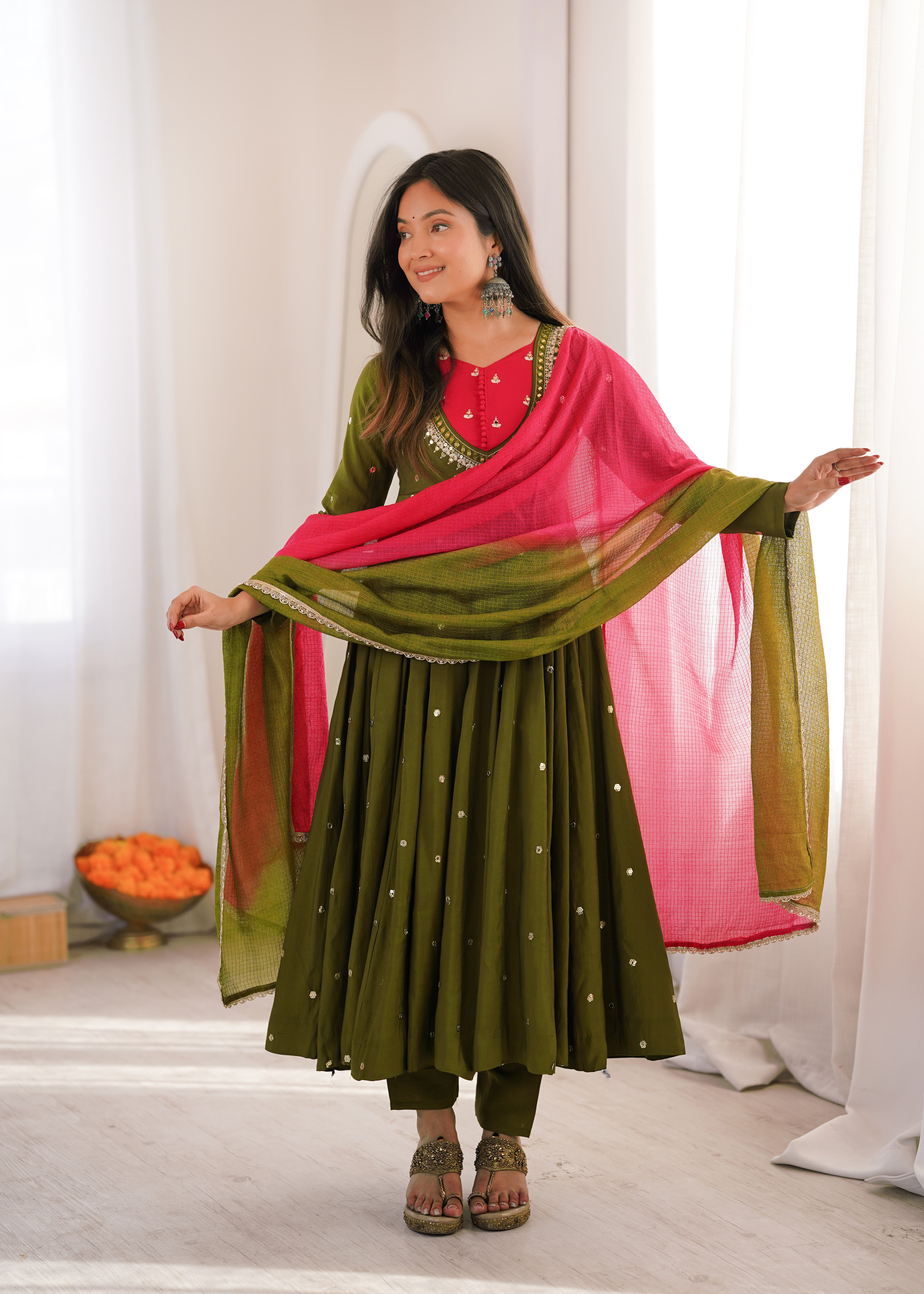 Olive Green Roman Silk mirror work Anarkali suit