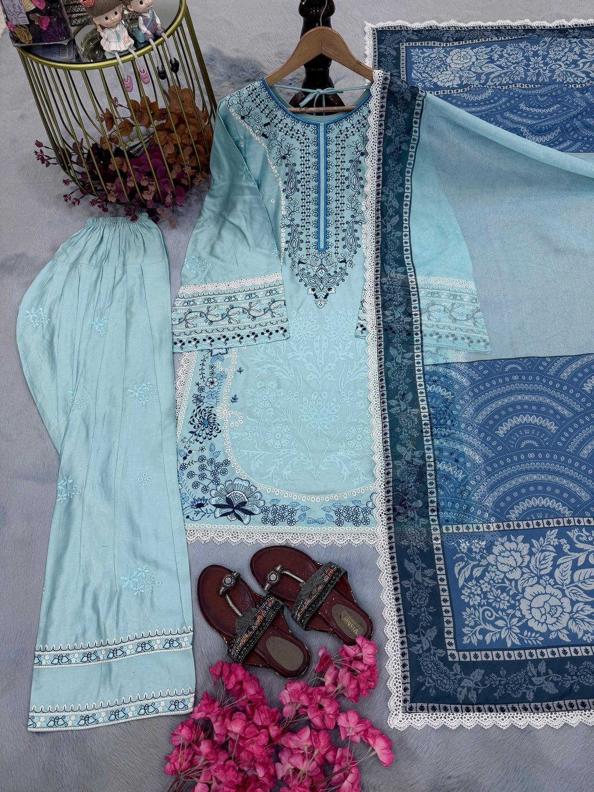 Powder Blue Satin Rayon Short Kurta with Farshi Salwar & Dupatta Set