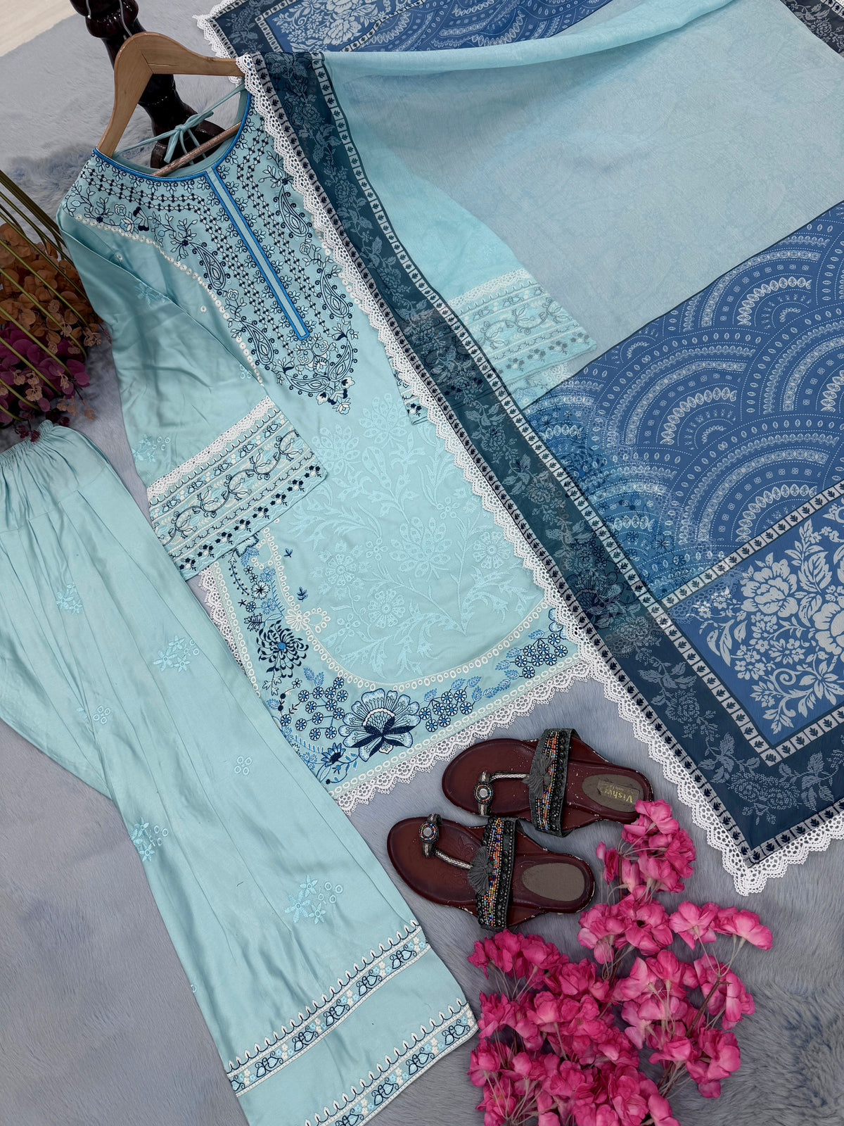 Powder Blue Satin Rayon Short Kurta with Farshi Salwar & Dupatta Set