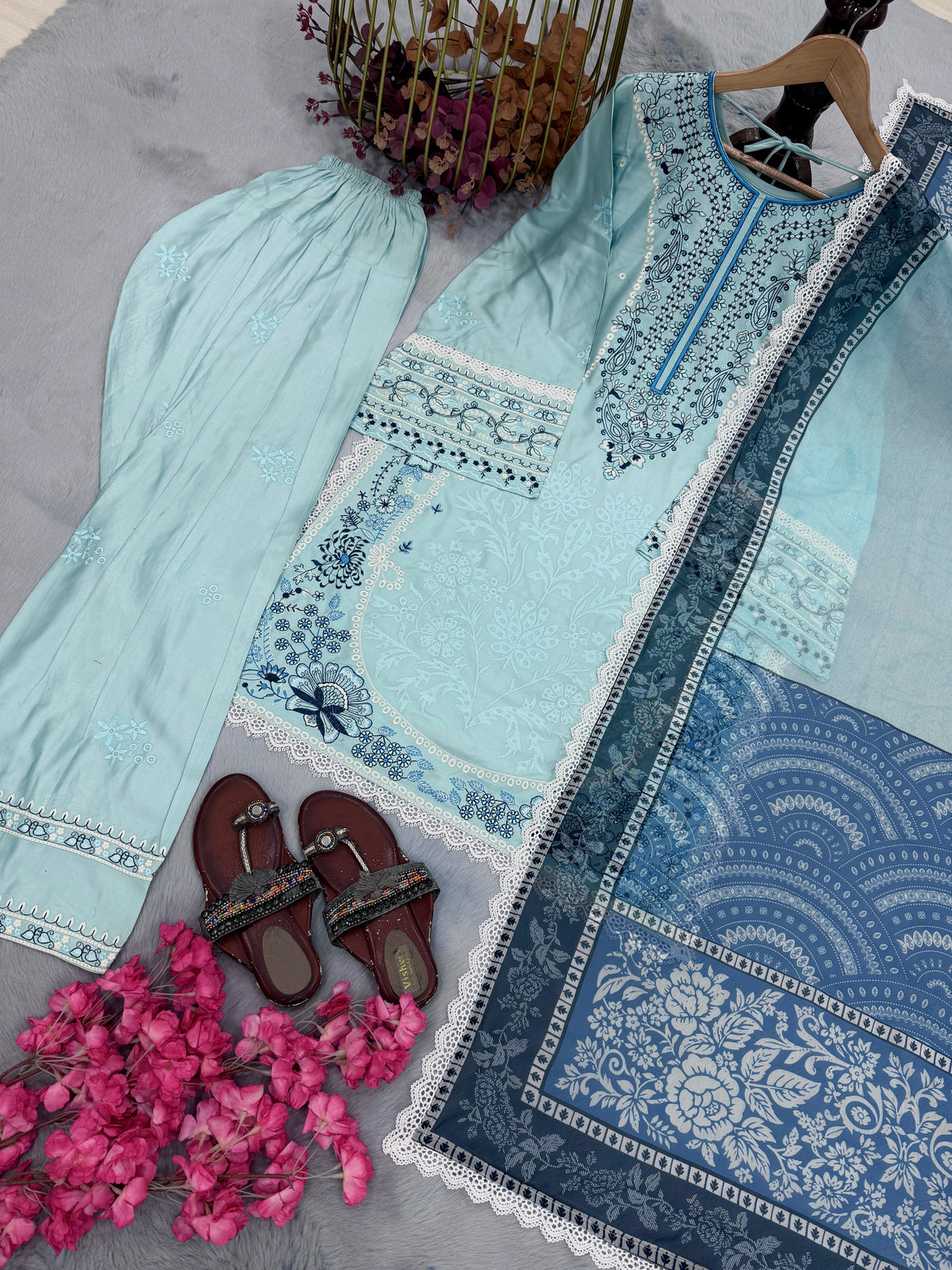 Powder Blue Satin Rayon Short Kurta with Farshi Salwar & Dupatta Set