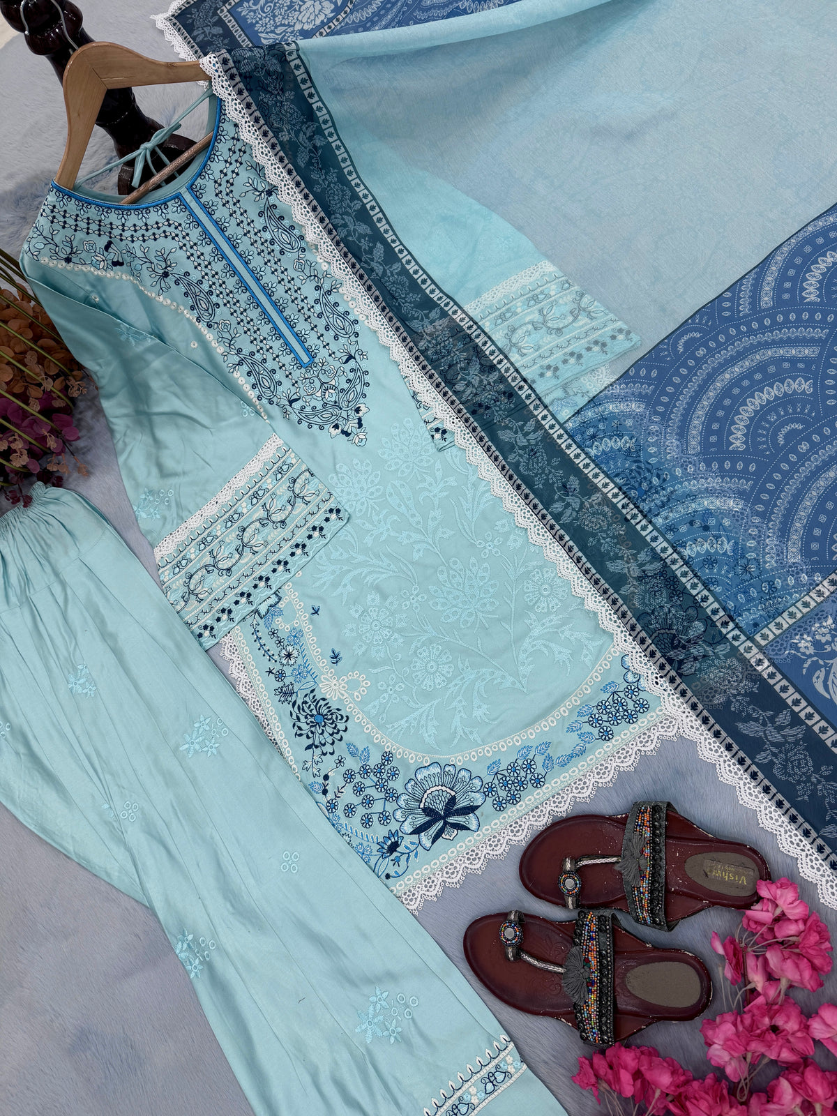 Powder Blue Satin Rayon Short Kurta with Farshi Salwar & Dupatta Set