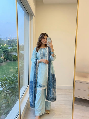 Powder Blue Satin Rayon Short Kurta with Farshi Salwar & Dupatta Set