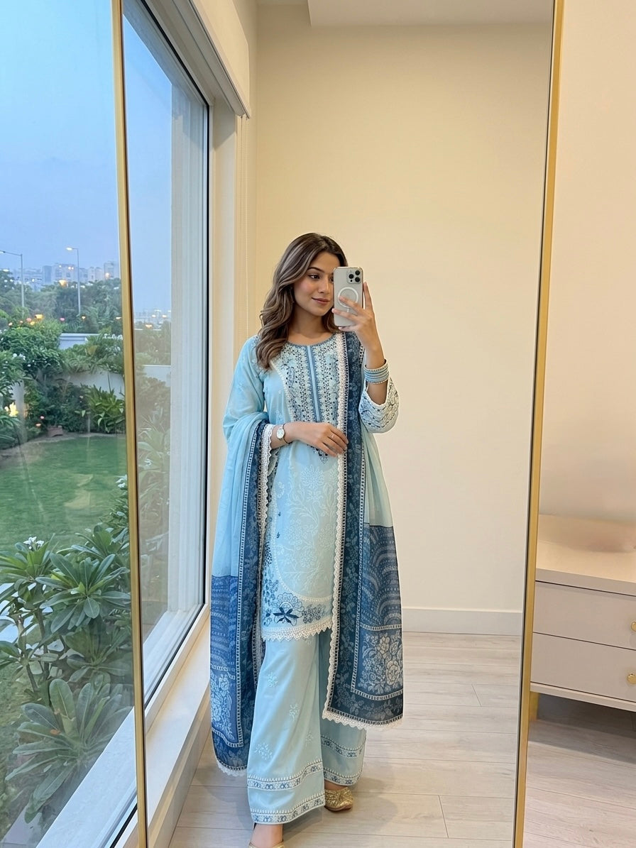 Powder Blue Satin Rayon Short Kurta with Farshi Salwar & Dupatta Set