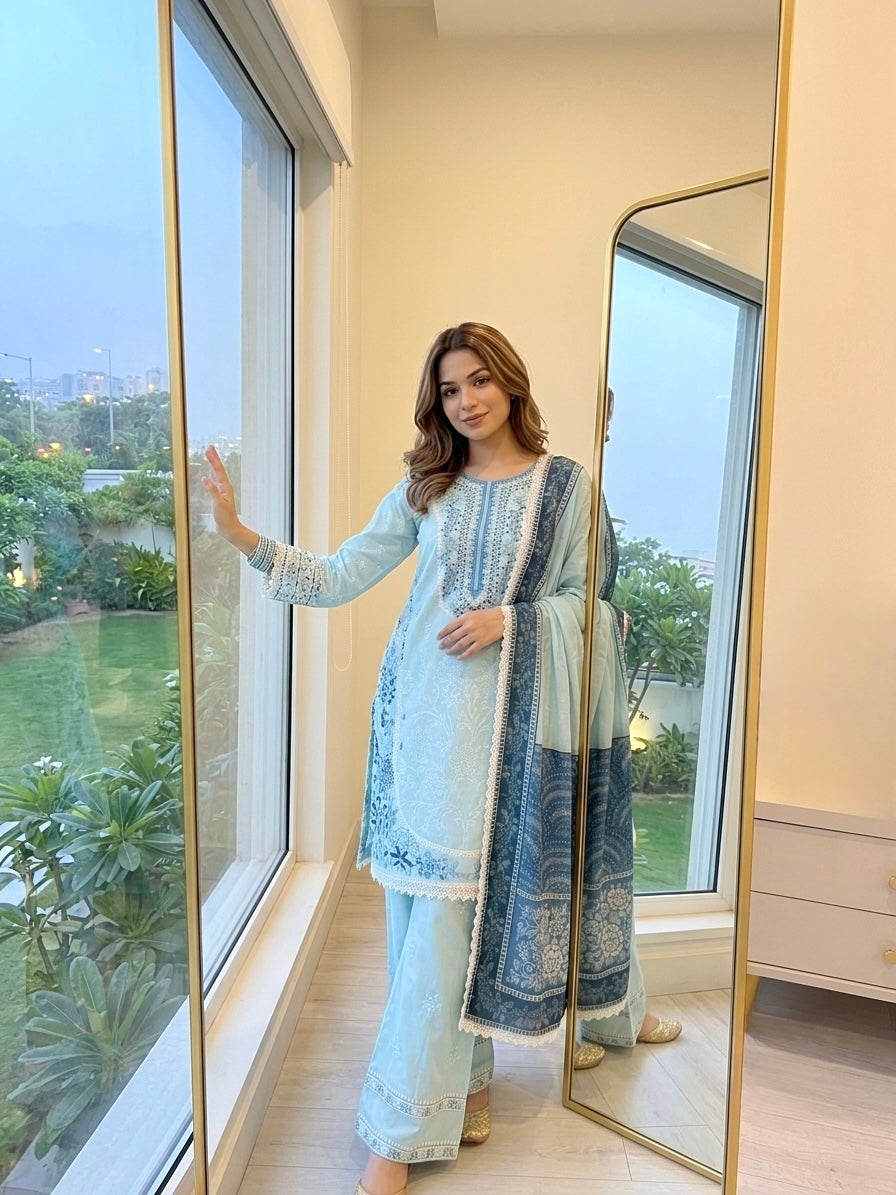Powder Blue Satin Rayon Short Kurta with Farshi Salwar & Dupatta Set