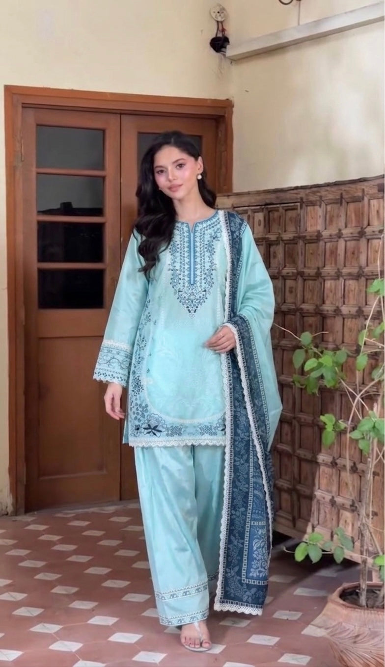 Powder Blue Satin Rayon Short Kurta with Farshi Salwar & Dupatta Set