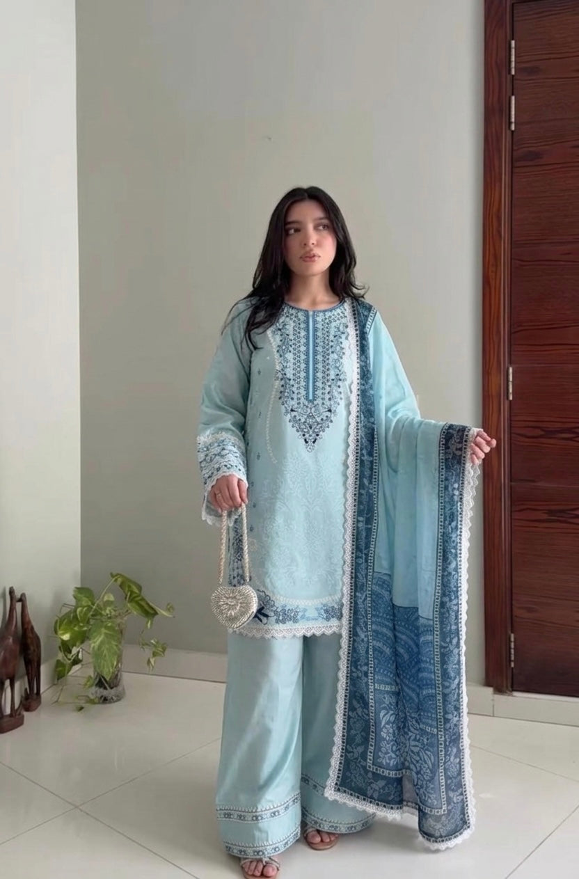 Powder Blue Satin Rayon Short Kurta with Farshi Salwar & Dupatta Set
