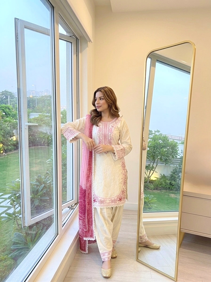 Cream & Rani Pink Satin Rayon Short Kurta with Farshi Salwar & Dupatta Set