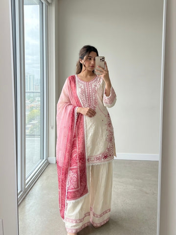 Cream & Rani Pink Satin Rayon Short Kurta with Farshi Salwar & Dupatta Set