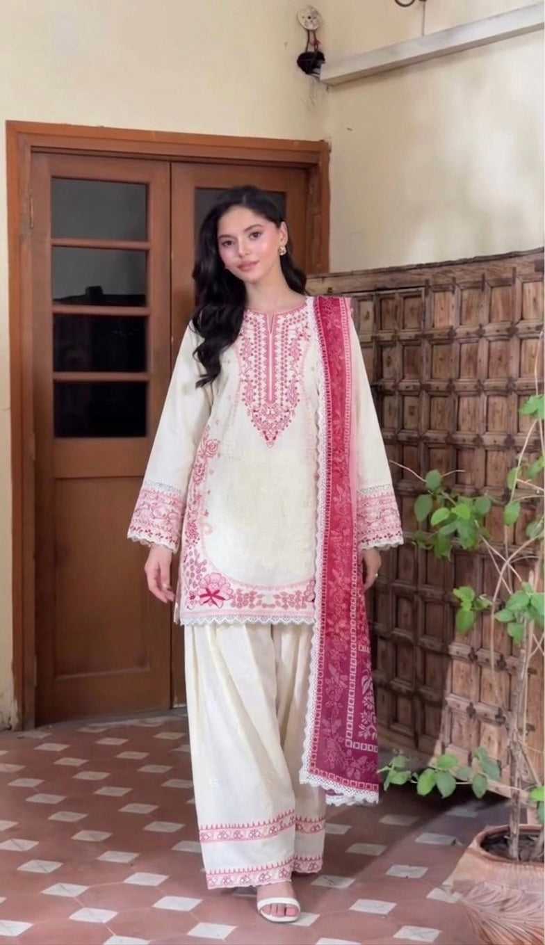 Cream & Rani Pink Satin Rayon Short Kurta with Farshi Salwar & Dupatta Set