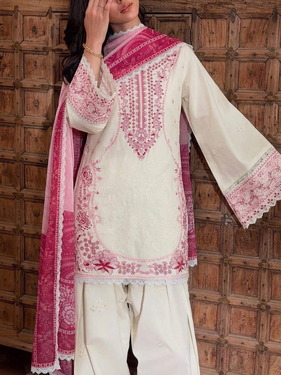 Cream & Rani Pink Satin Rayon Short Kurta with Farshi Salwar & Dupatta Set