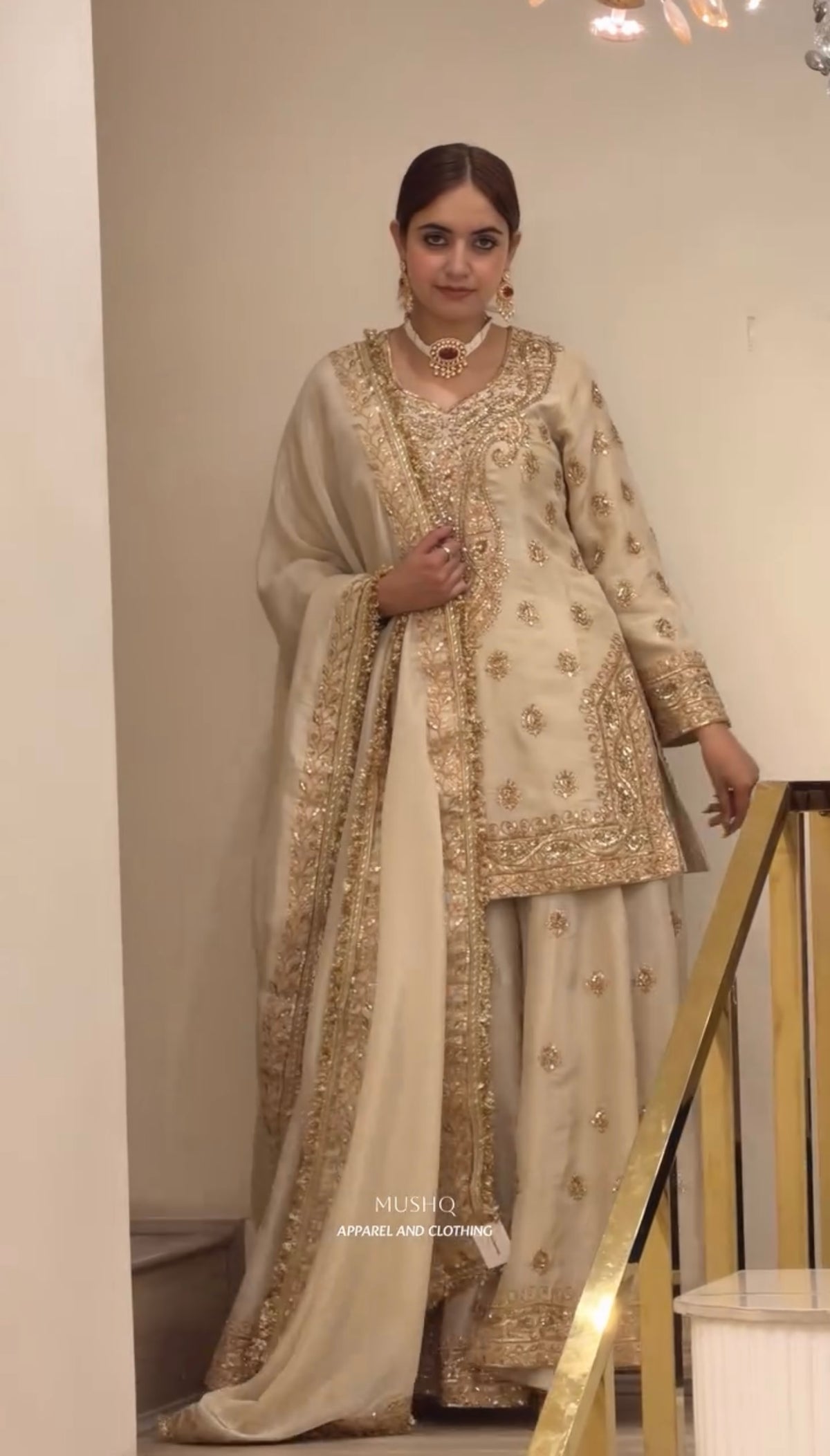 Cream Embroidered Chinon Silk Short Kurta with Flared Palazzo & Dupatta Set