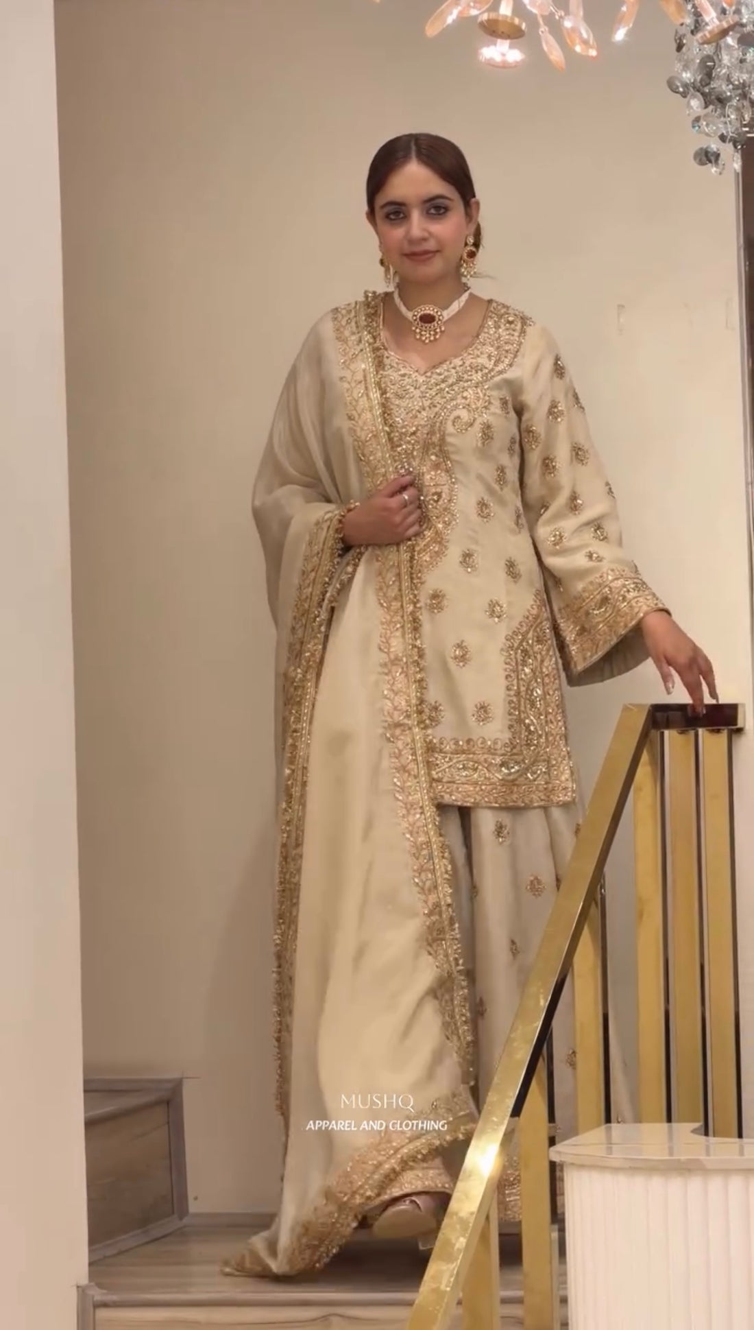 Cream Embroidered Chinon Silk Short Kurta with Flared Palazzo & Dupatta Set
