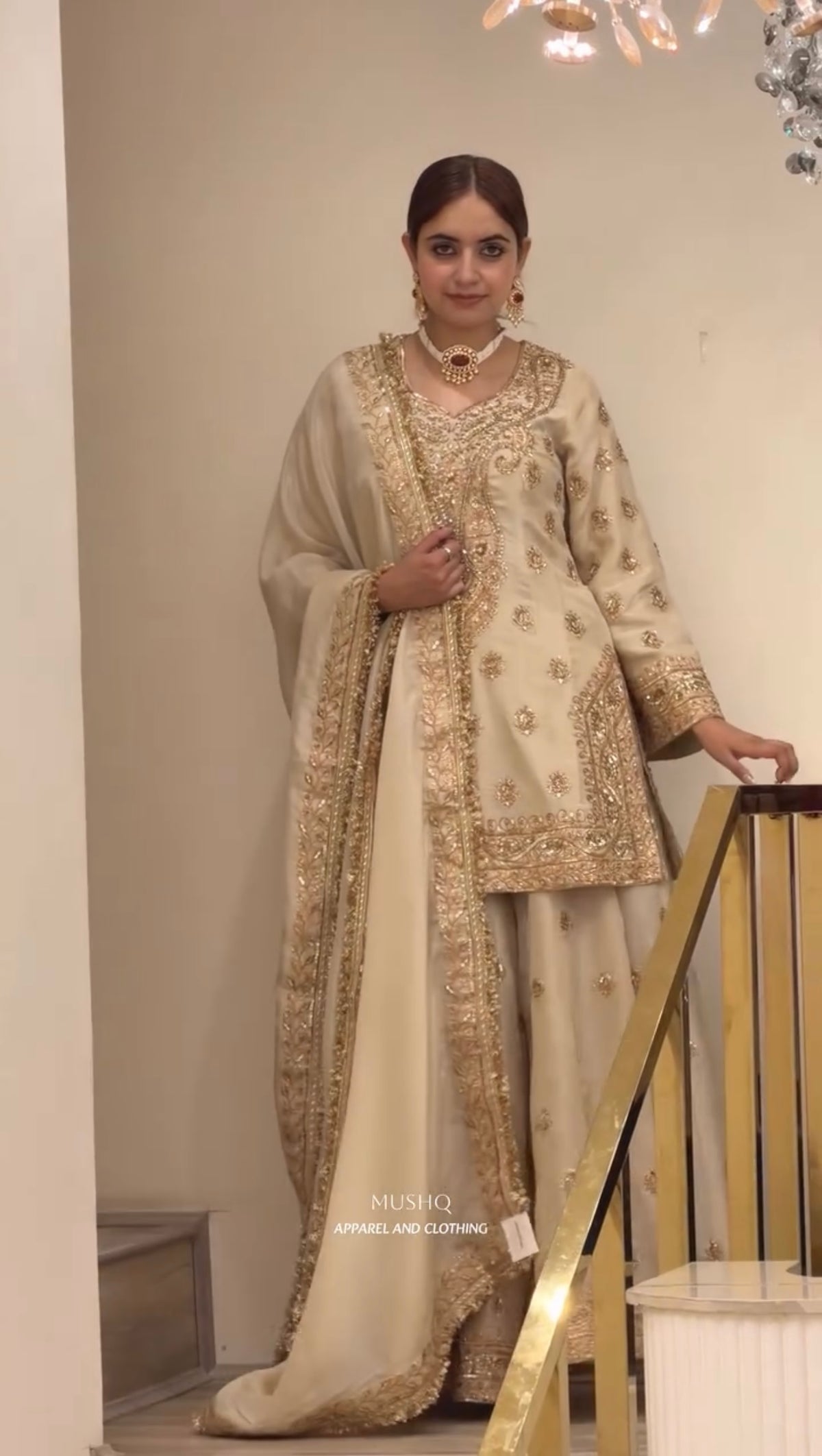 Cream Embroidered Chinon Silk Short Kurta with Flared Palazzo & Dupatta Set