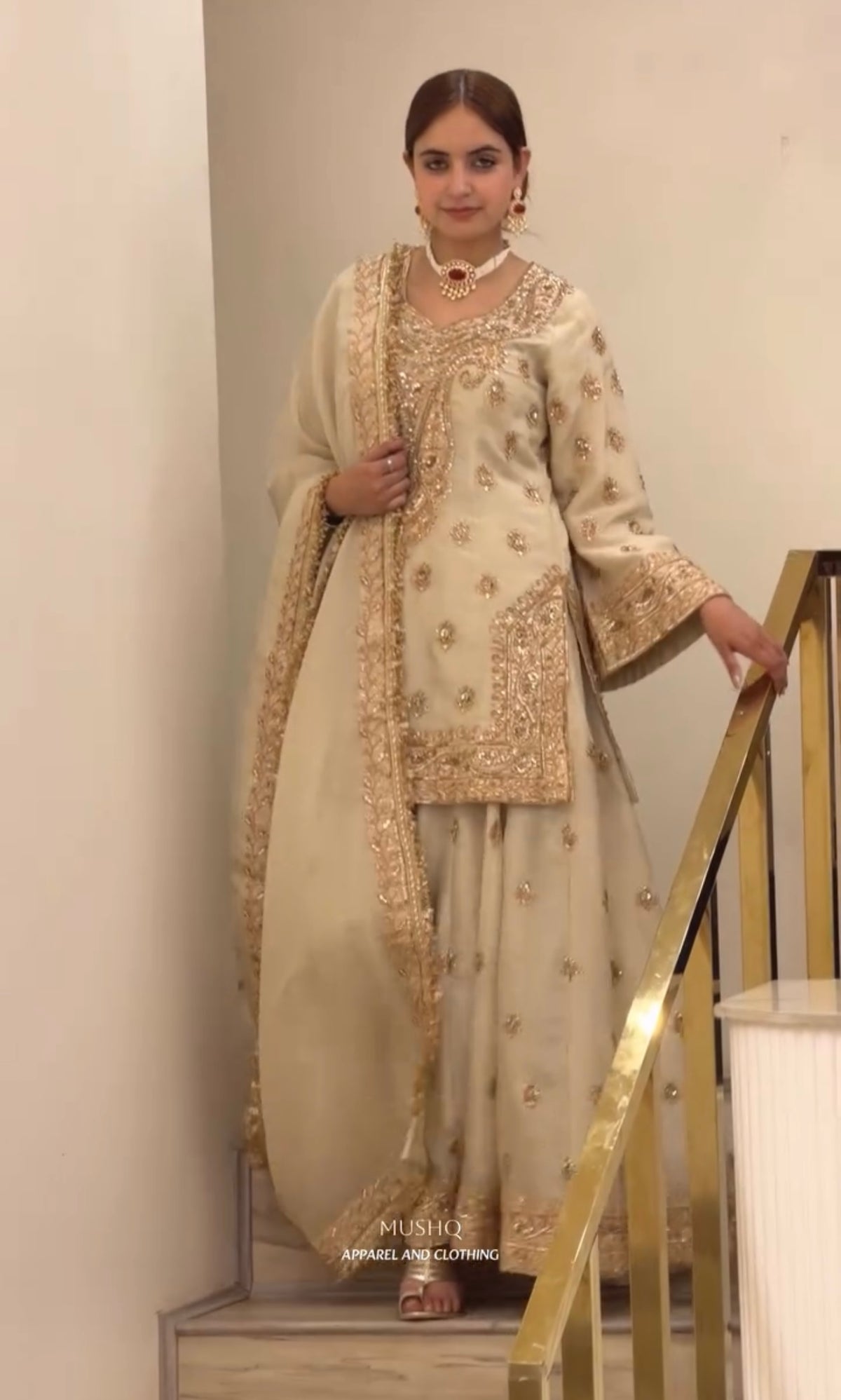 Cream Embroidered Chinon Silk Short Kurta with Flared Palazzo & Dupatta Set