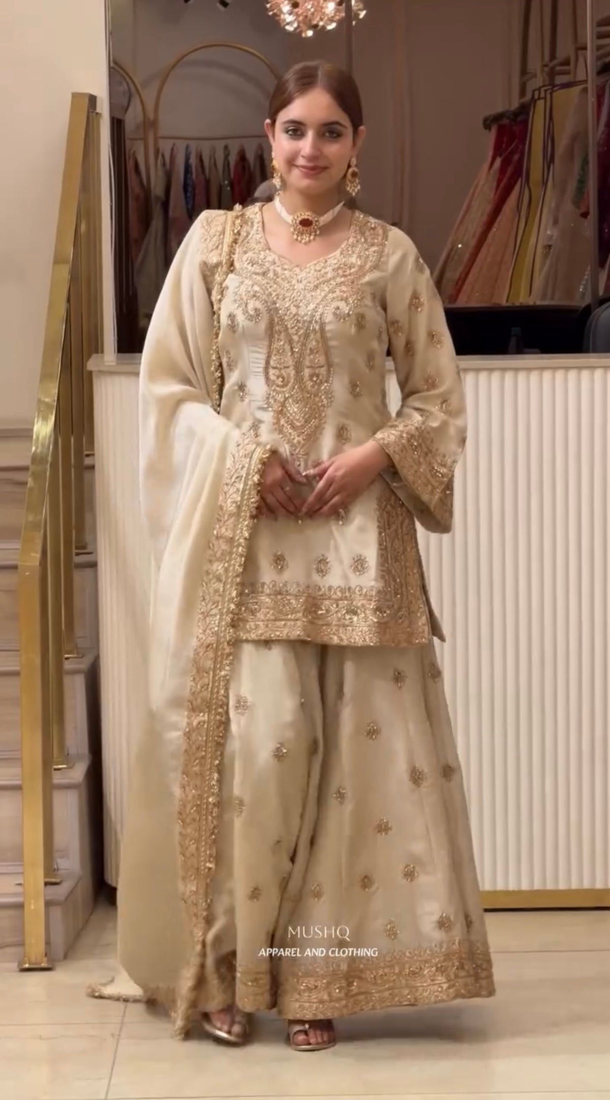 Cream Embroidered Chinon Silk Short Kurta with Flared Palazzo & Dupatta Set