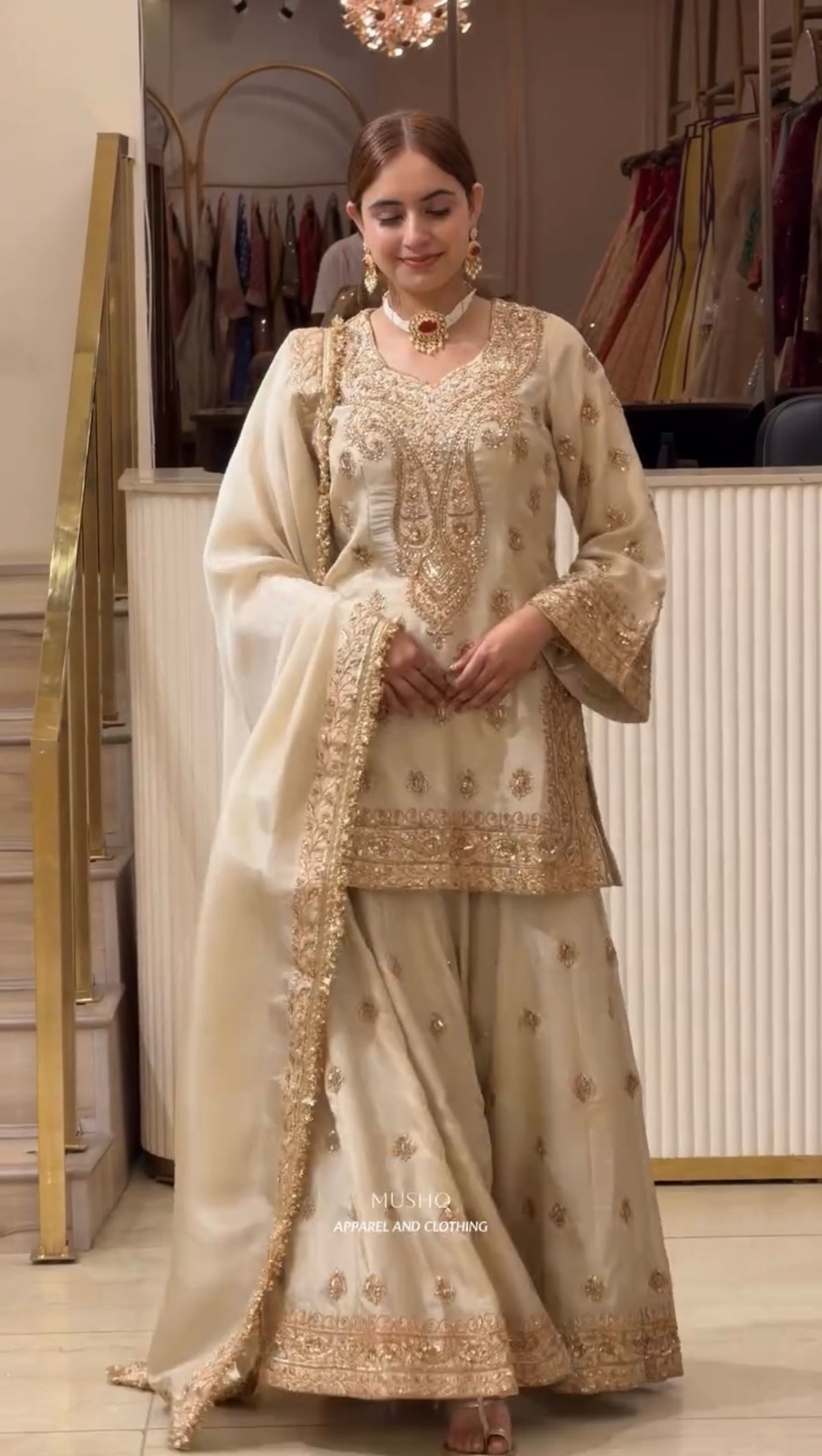 Cream Embroidered Chinon Silk Short Kurta with Flared Palazzo & Dupatta Set