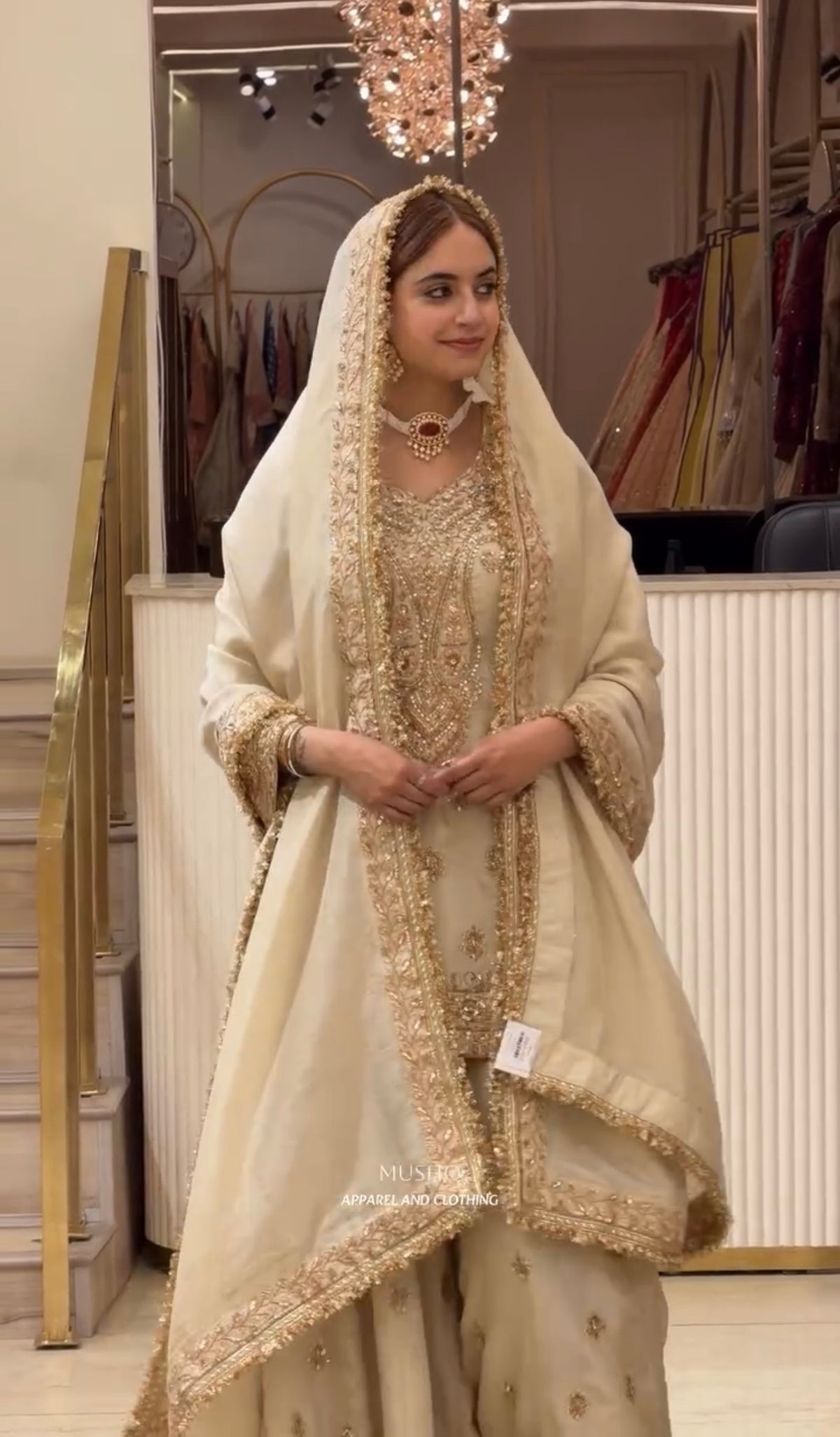 Cream Embroidered Chinon Silk Short Kurta with Flared Palazzo & Dupatta Set