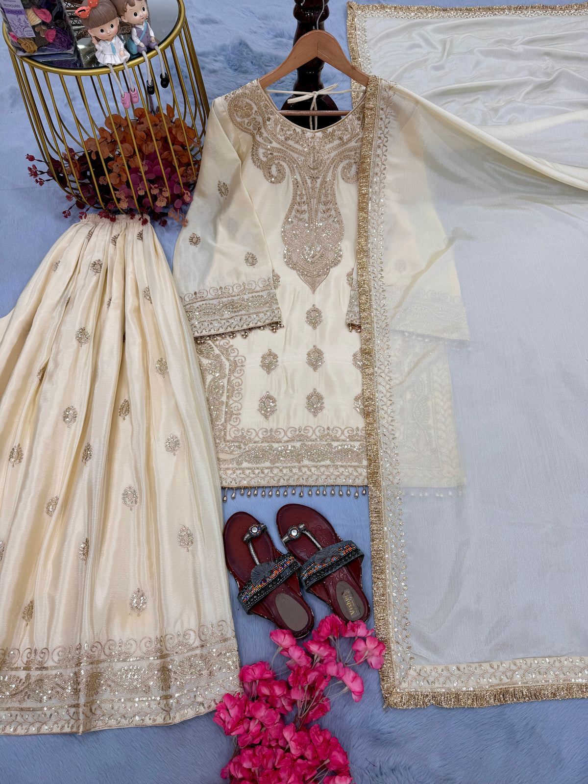 Cream Embroidered Chinon Silk Short Kurta with Flared Palazzo & Dupatta Set