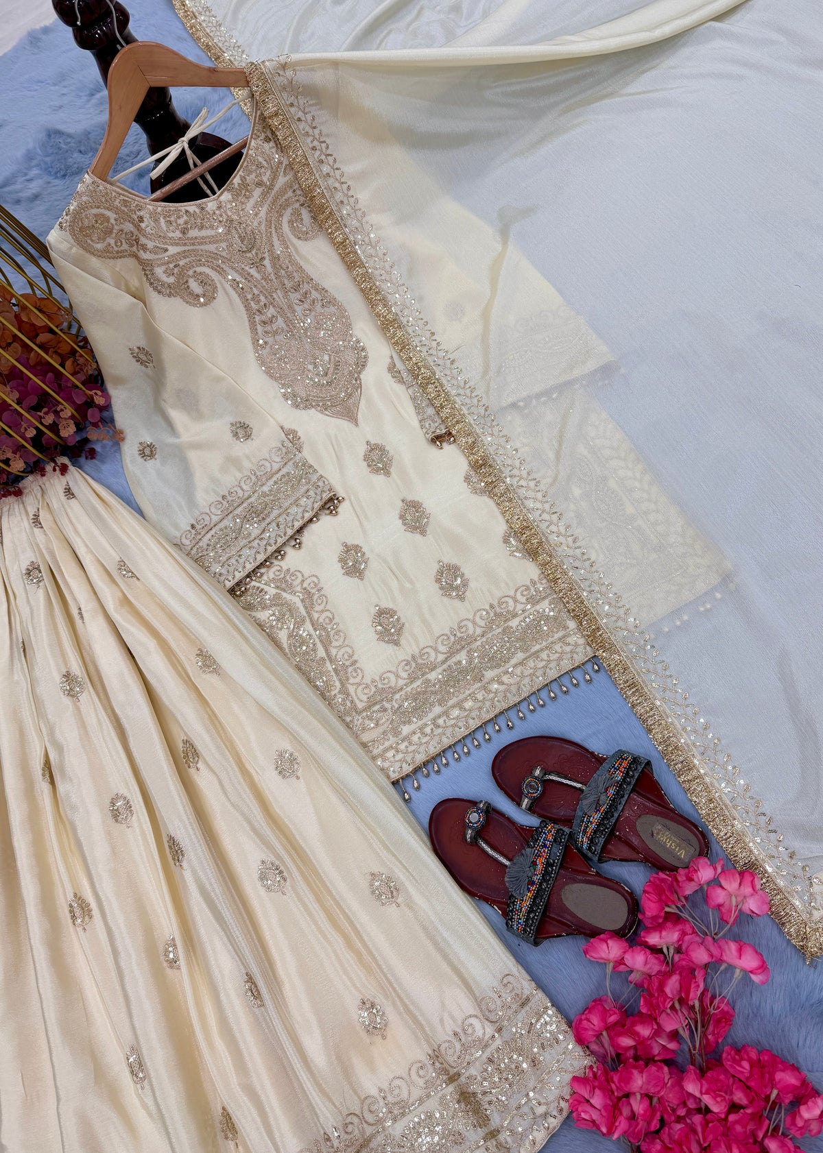 Cream Embroidered Chinon Silk Short Kurta with Flared Palazzo & Dupatta Set