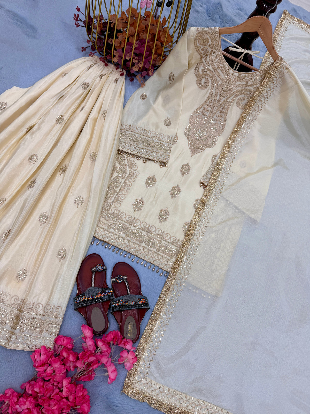 Cream Embroidered Chinon Silk Short Kurta with Flared Palazzo & Dupatta Set