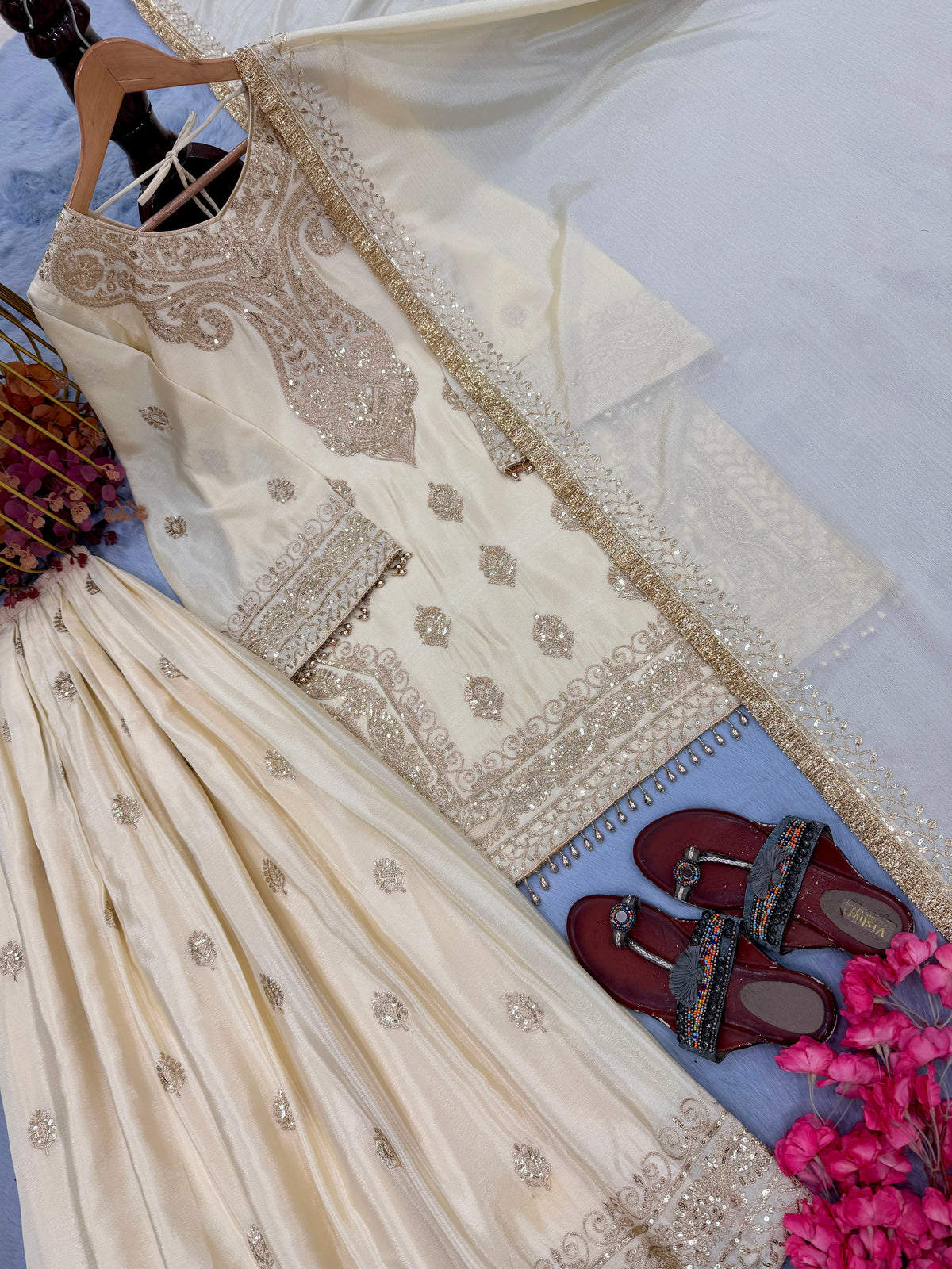 Cream Embroidered Chinon Silk Short Kurta with Flared Palazzo & Dupatta Set