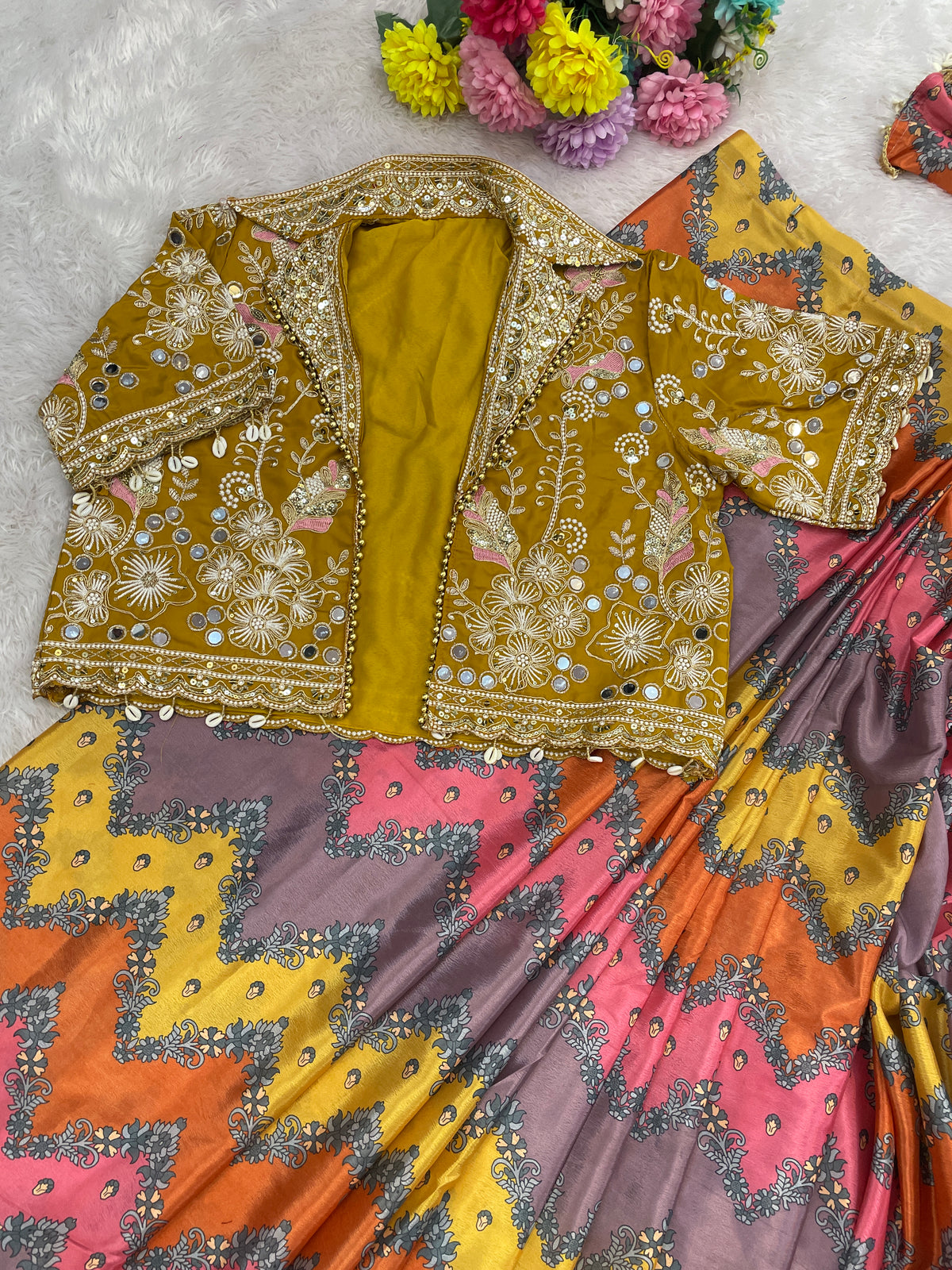 Royal Rangoli Multicolor Printed Saree With Heavy Embroidered Designer Jacket