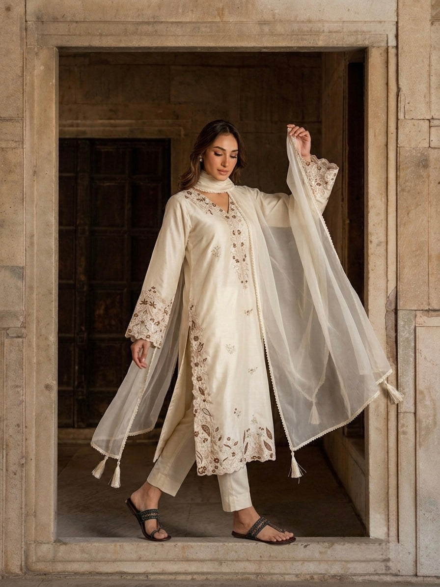 Off-White Embroidered Roman Glass Kaftan Kurta Set with Organza Dupatta