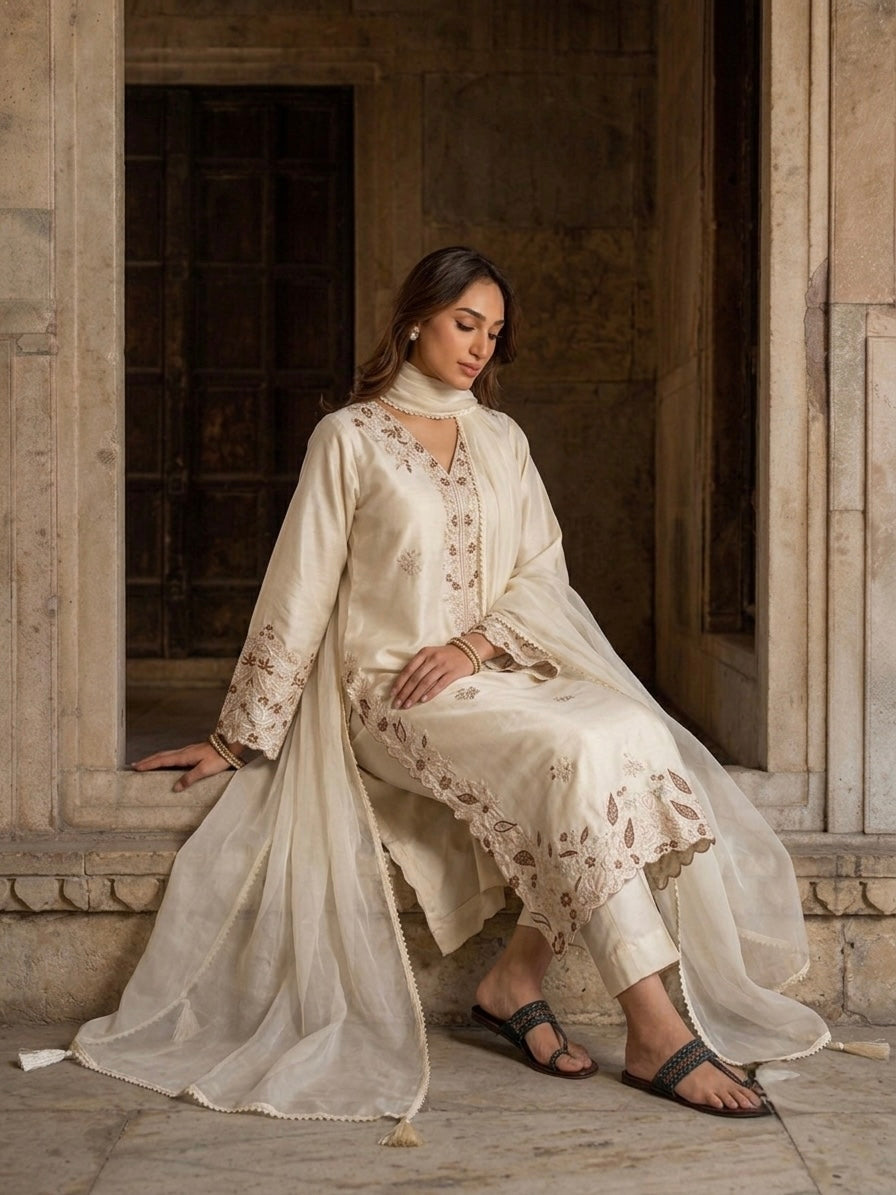 Off-White Embroidered Roman Glass Kaftan Kurta Set with Organza Dupatta