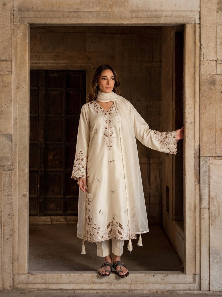 Off-White Embroidered Roman Glass Kaftan Kurta Set with Organza Dupatta