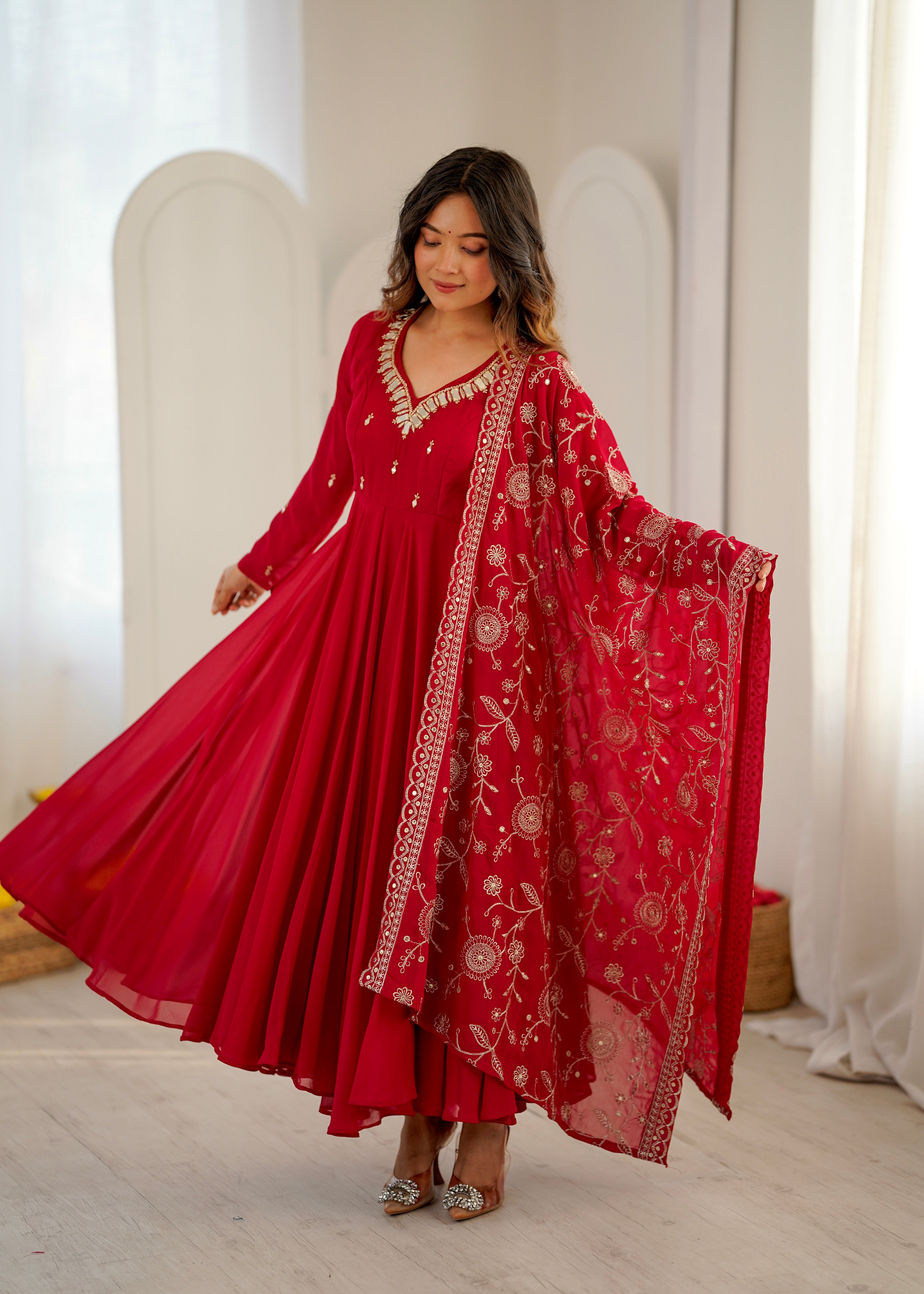 Elegant Embroidered Sequence Work with Real Mirror Designer Anarkali