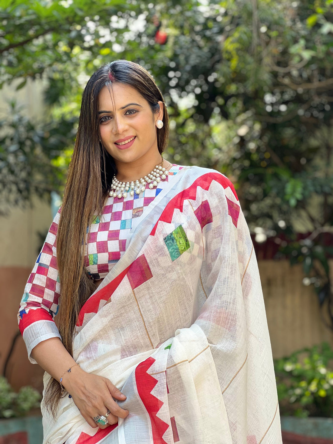White Pure Cotton Linen Saree