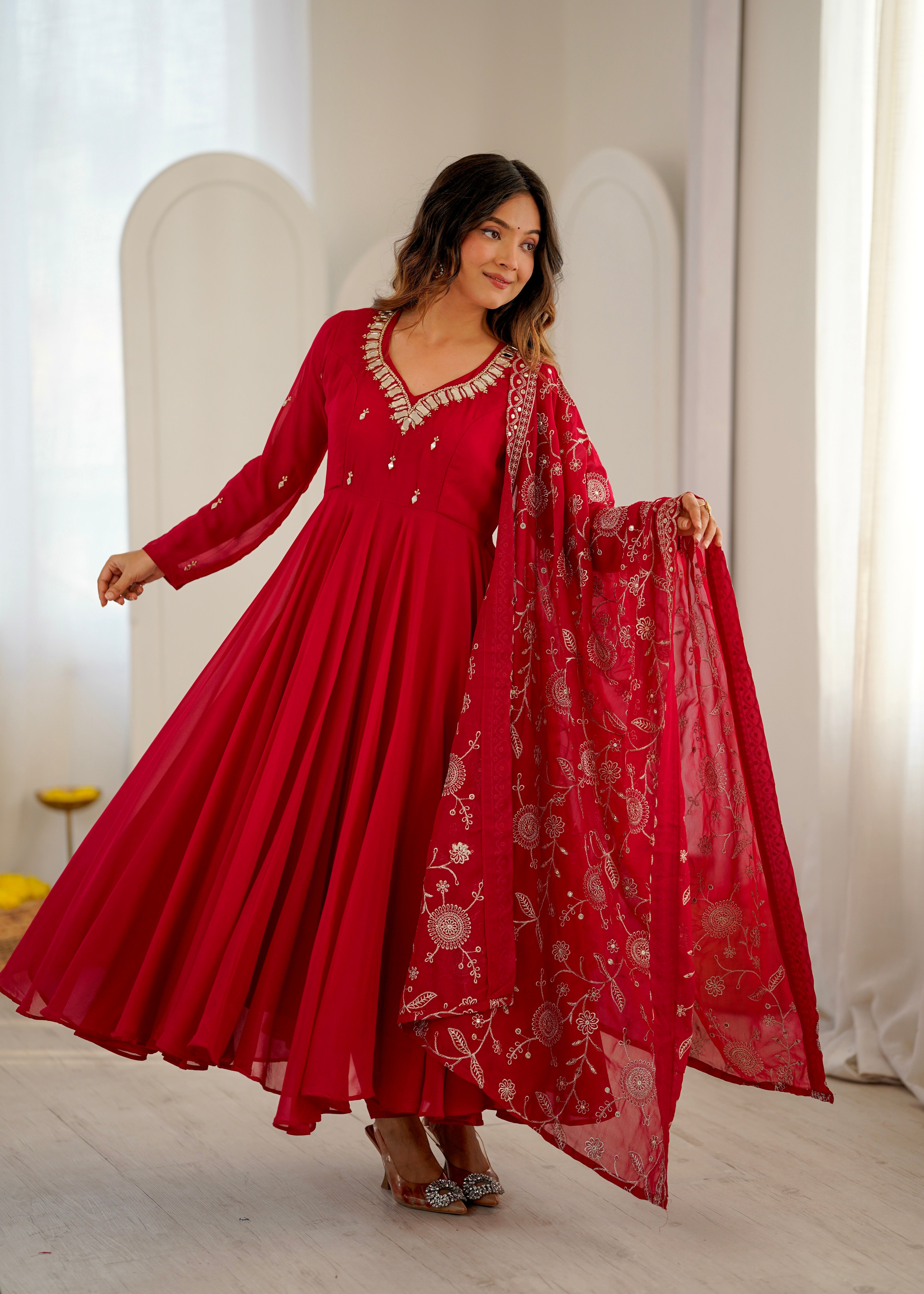 Elegant Embroidered Sequence Work with Real Mirror Designer Anarkali