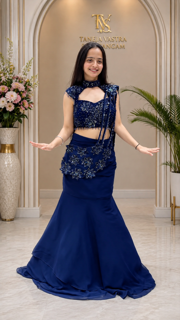 Royal Blue Georgette Fish-Cut Lehenga Choli With Heavy Sequin Embroidery