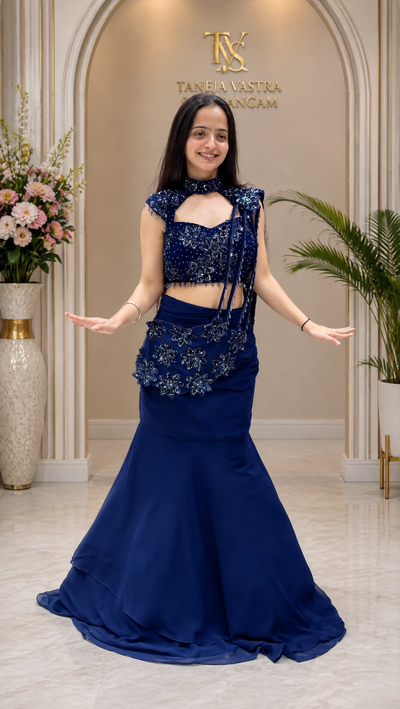 Royal Blue Georgette Fish-Cut Lehenga Choli With Heavy Sequin Embroidery